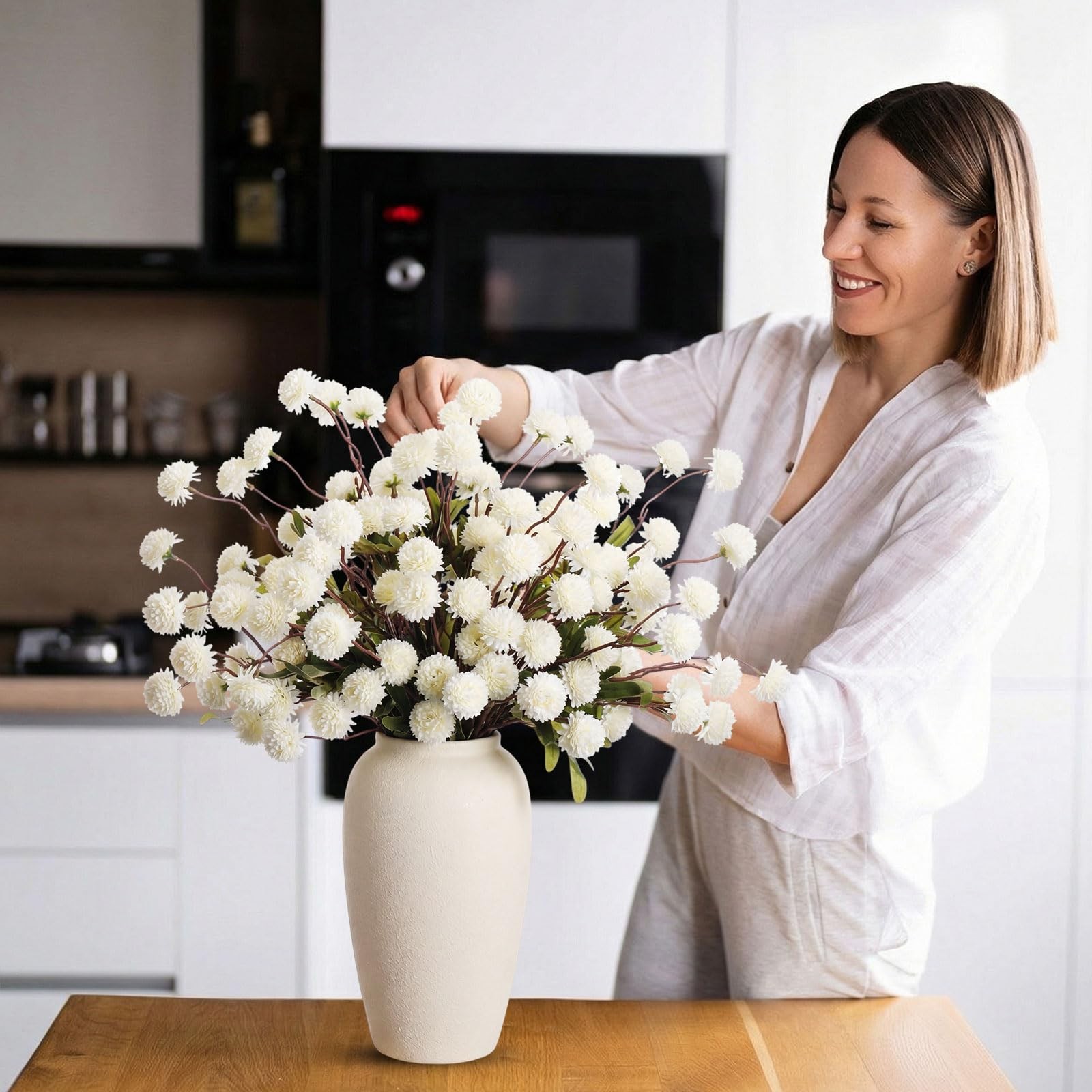 24 Pcs Creamy White Artificial Chrysanthemum Flowers, Faux Silk Mums with Fle…