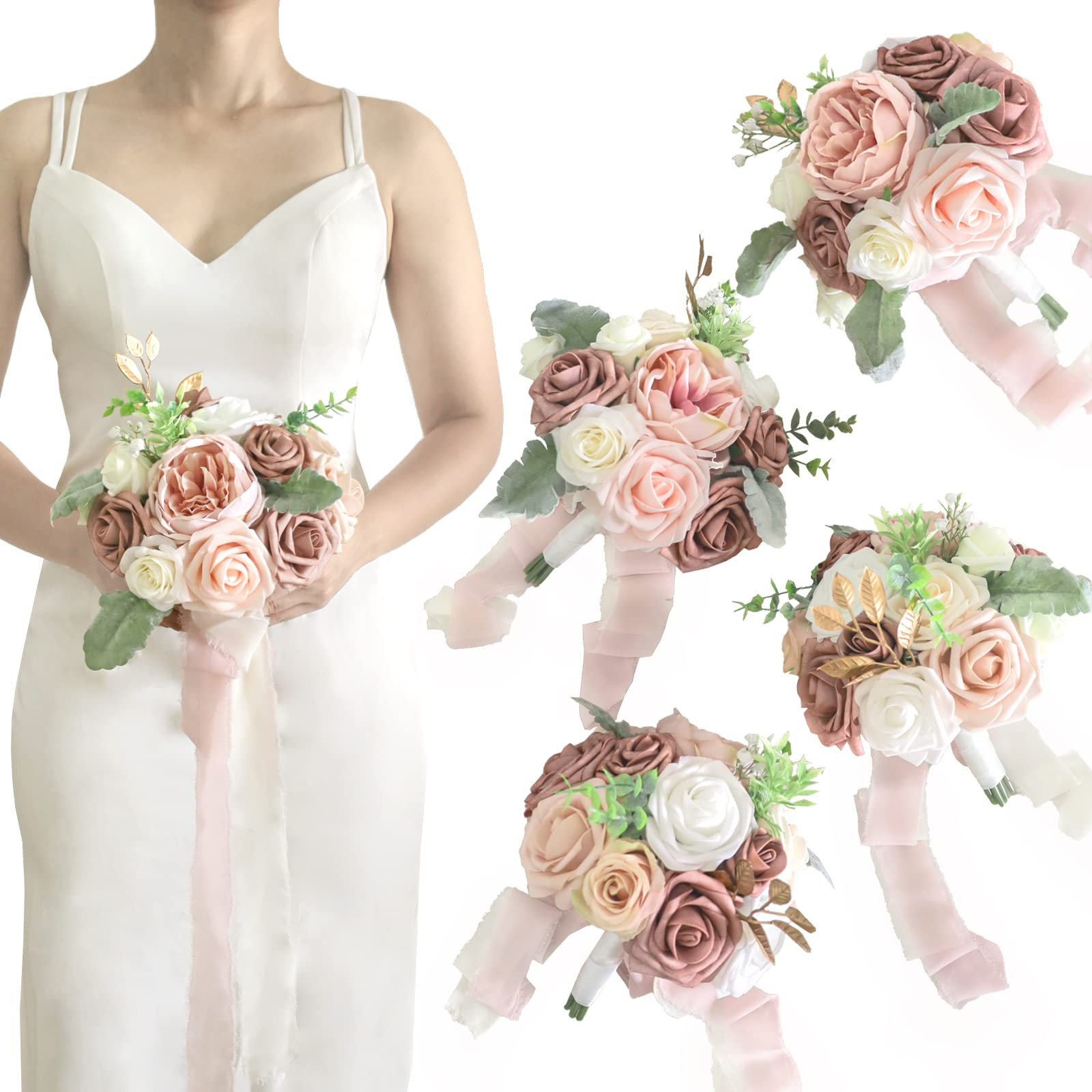 Bridesmaid Bouquet Set of 4 Boho Wedding Bouquet 7-Inch Fake Flower Bouquet f…