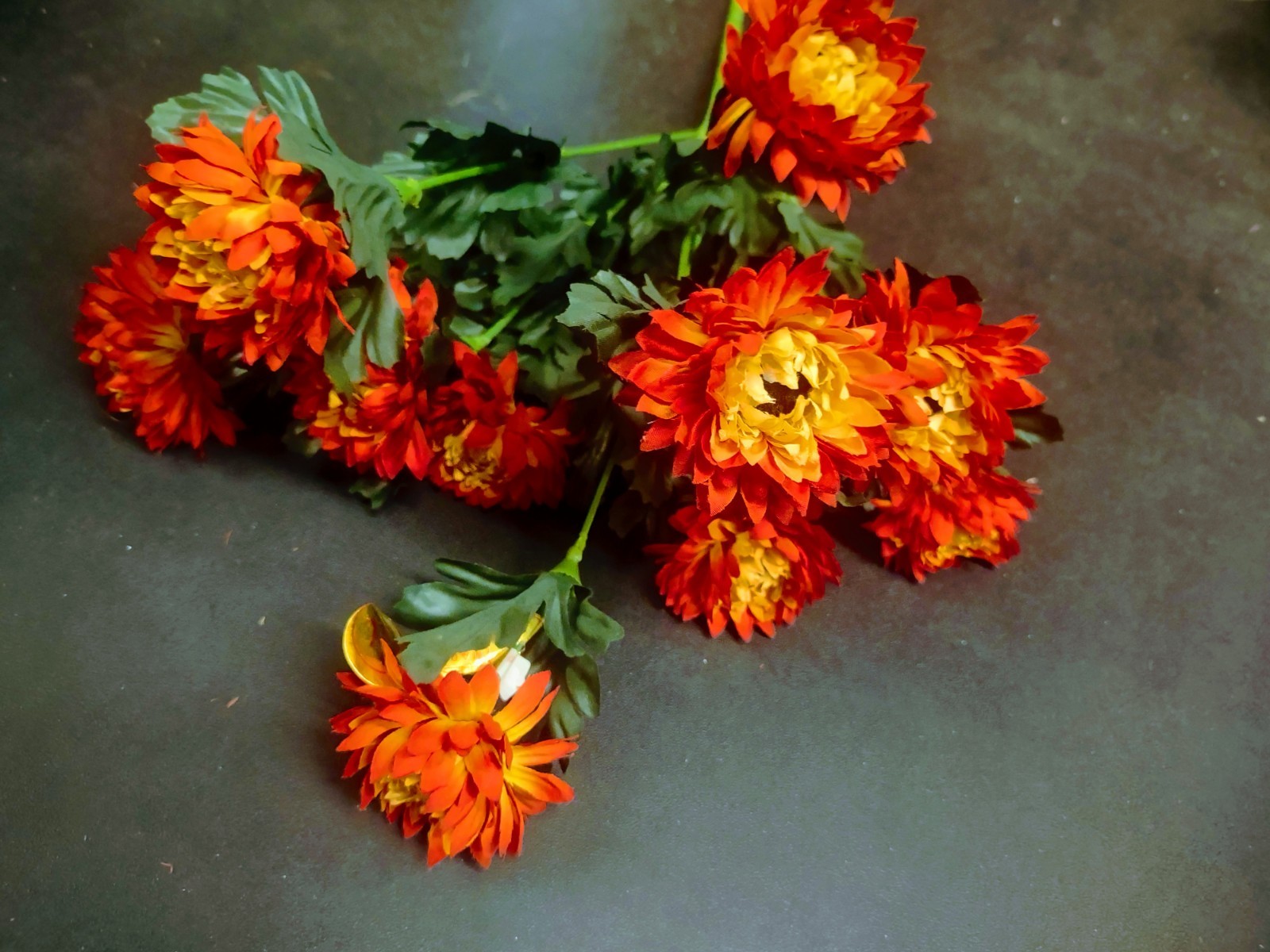 15″ Vintage Silk Strawflower Flower Bush with 10 Stems, Flame Yellow & Orange