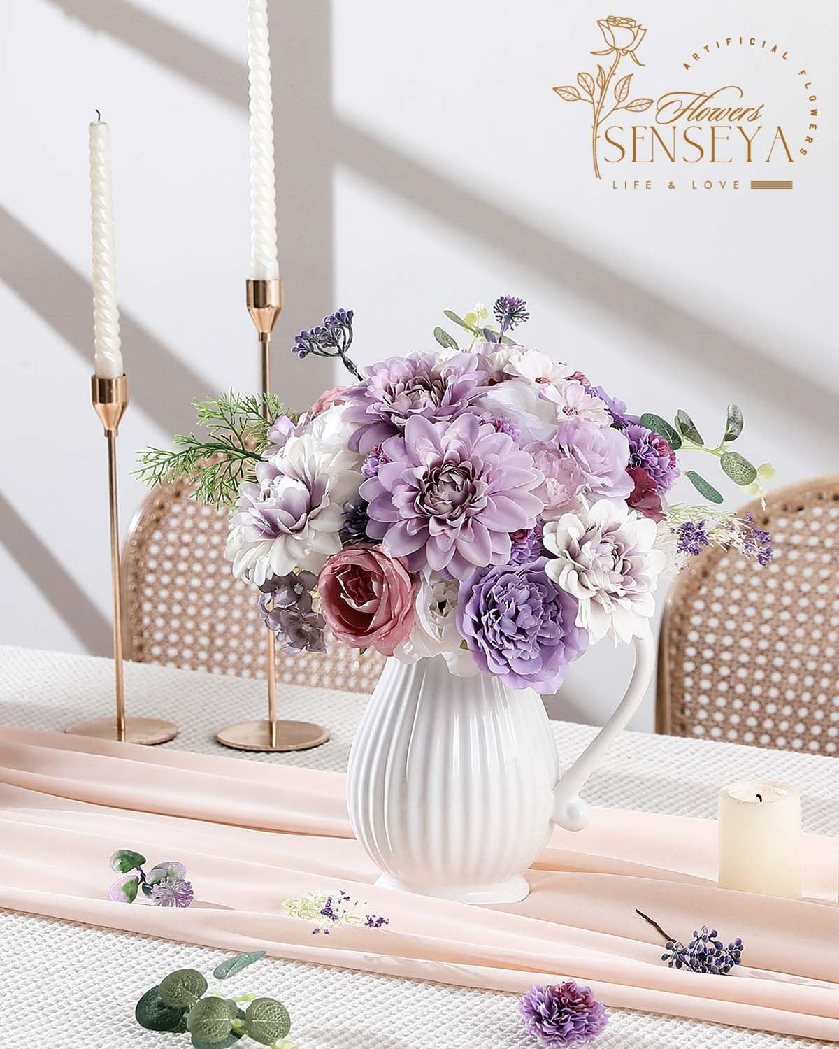 Artificial Flowers Combo Set Purple Silk Roses Peonies Dahlias with Stems