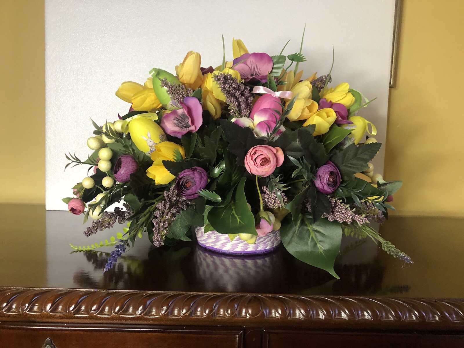 Spring Floral Arrangement. Easter Floral Arrangement Purple And Yellow Flowers