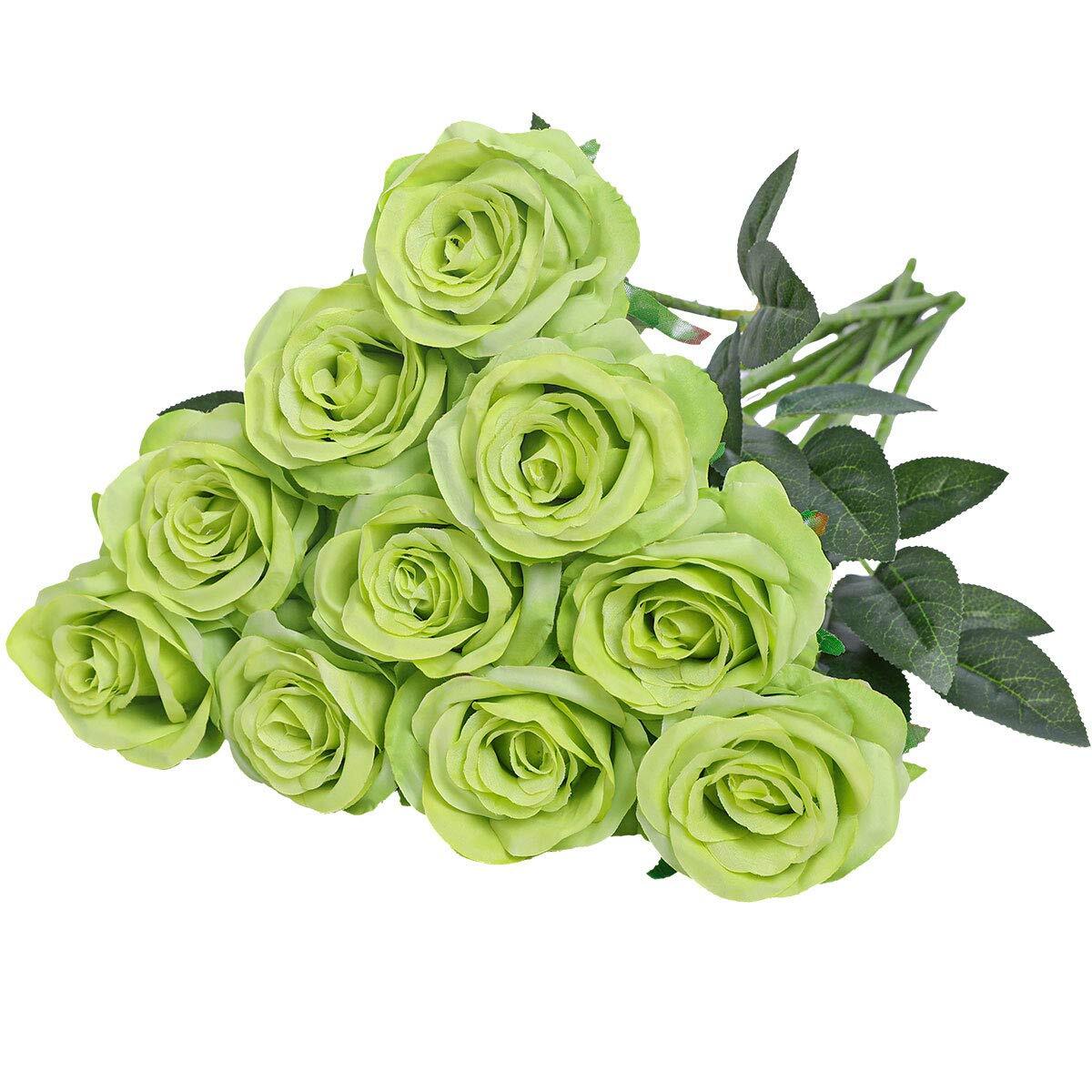 10pcs Green Artificial Silk Rose Flower Bouquet Lifelike Fake Wedding Home Decor