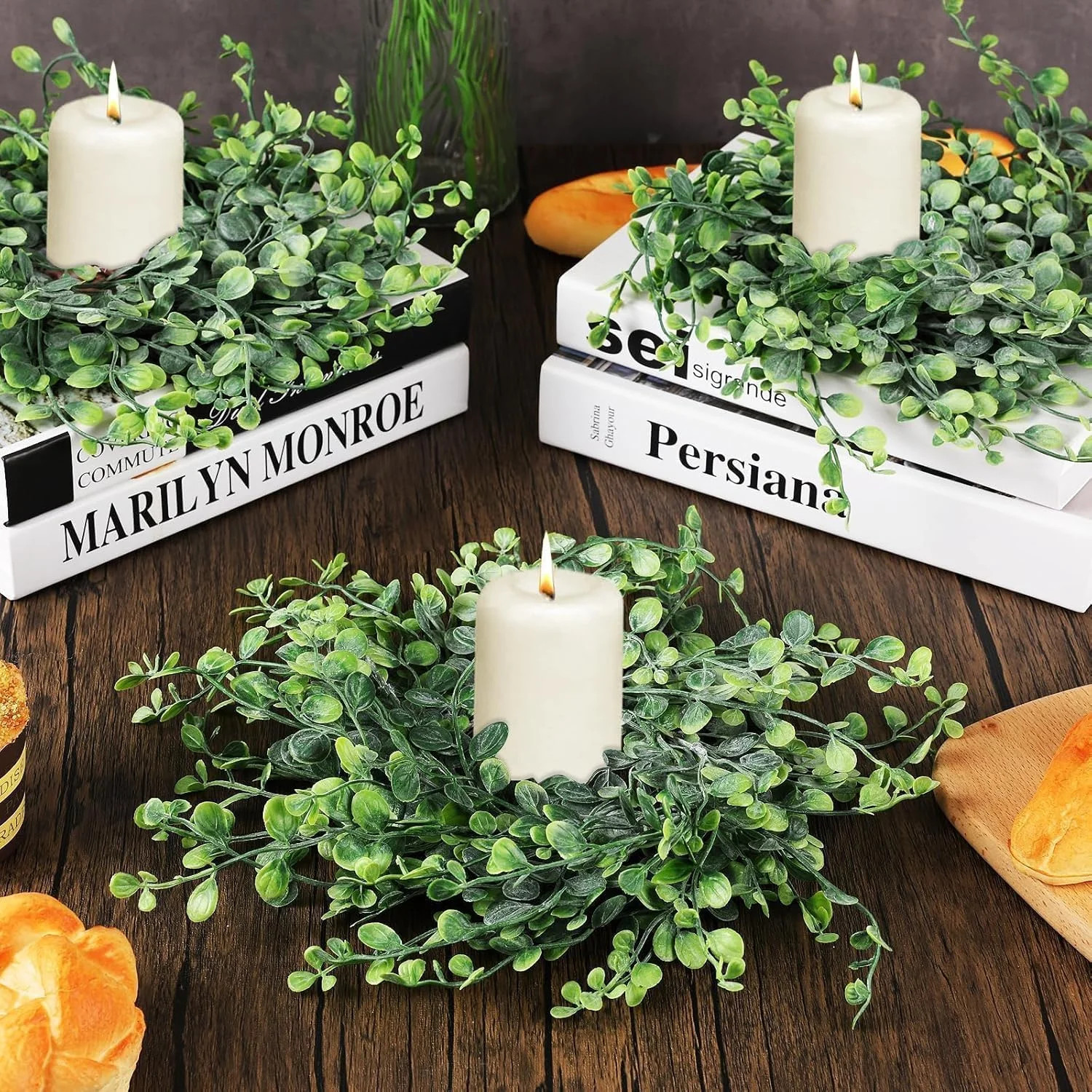Mini Green Boxwood Candle Rings for Wedding and Home Decor (Set of 6)