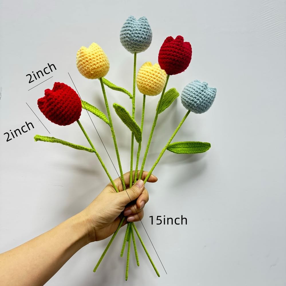 6 pcs Crochet Flower Tulip Bouquet,15″ Finished Hand-Woven Bouquets, Fake Flo…