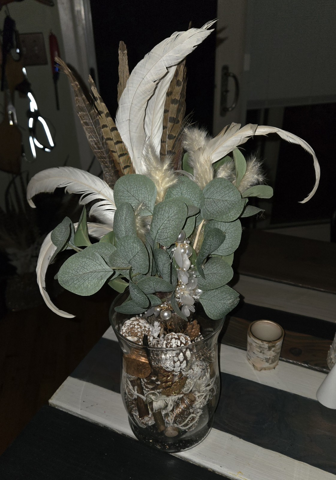 Boho Faux Eucalyptus & Feather Bouquet Rustic Pearl Floral Arrangement
