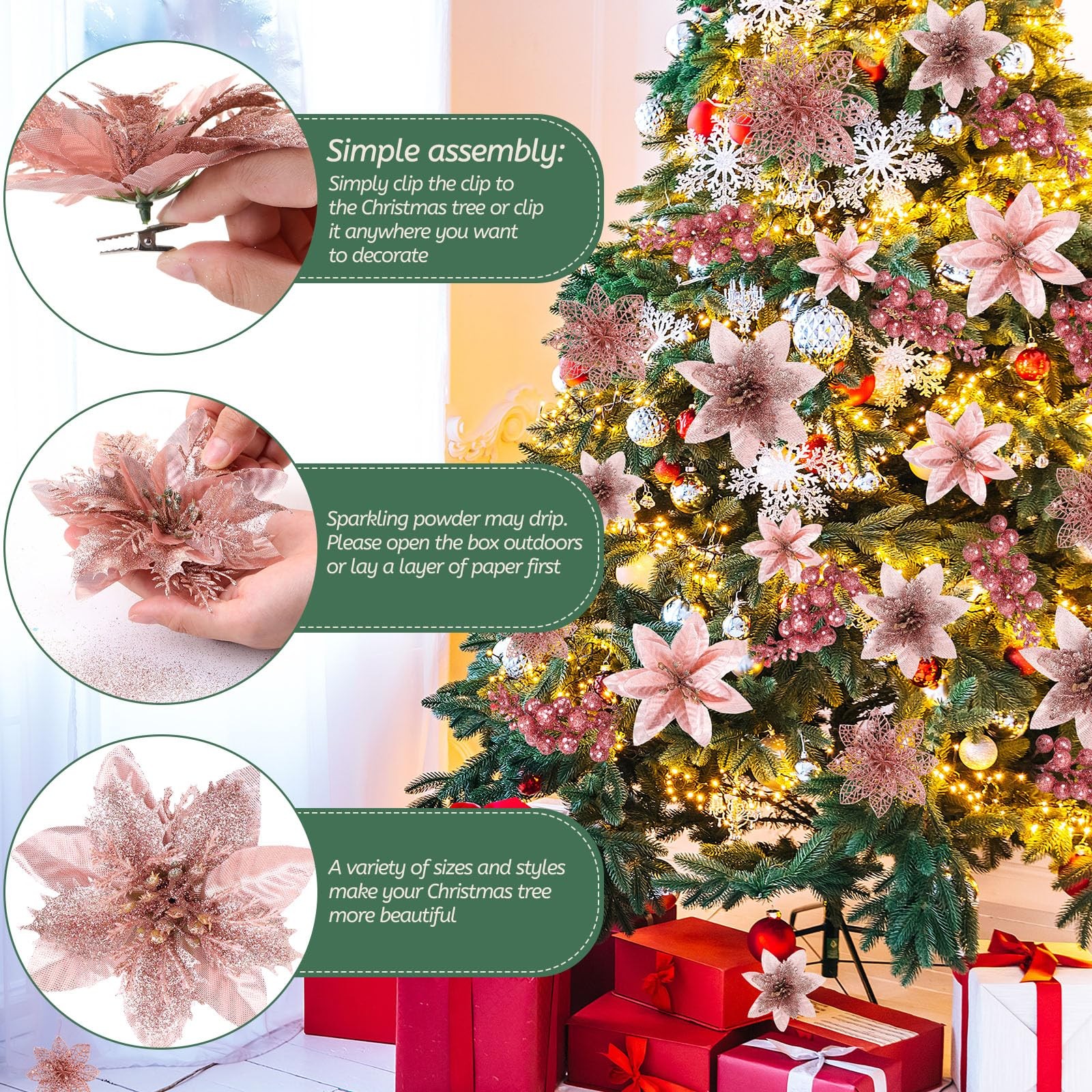 Rose Gold Christmas Glitter Poinsettia Flowers 48 PCS with Clips Berries