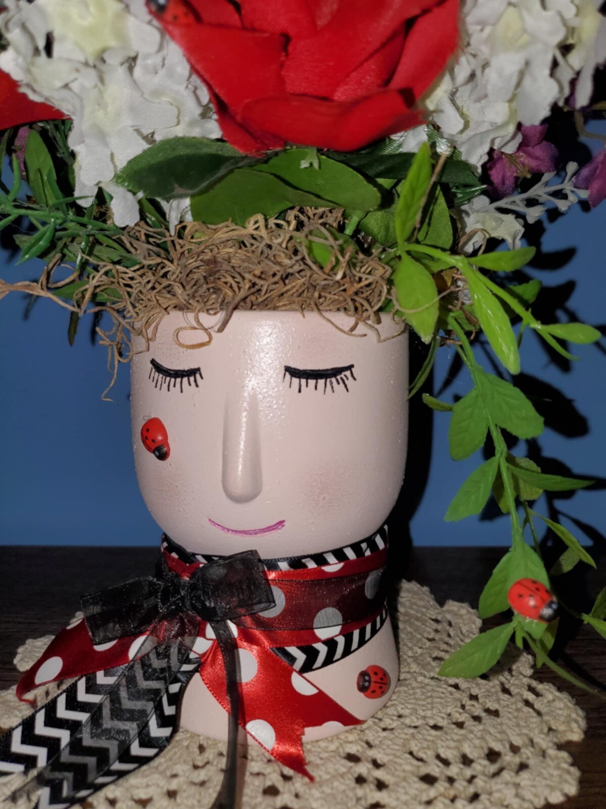 Handmade Floral Arrangement Whimsical Planter Ladybugs Red Roses Purple White