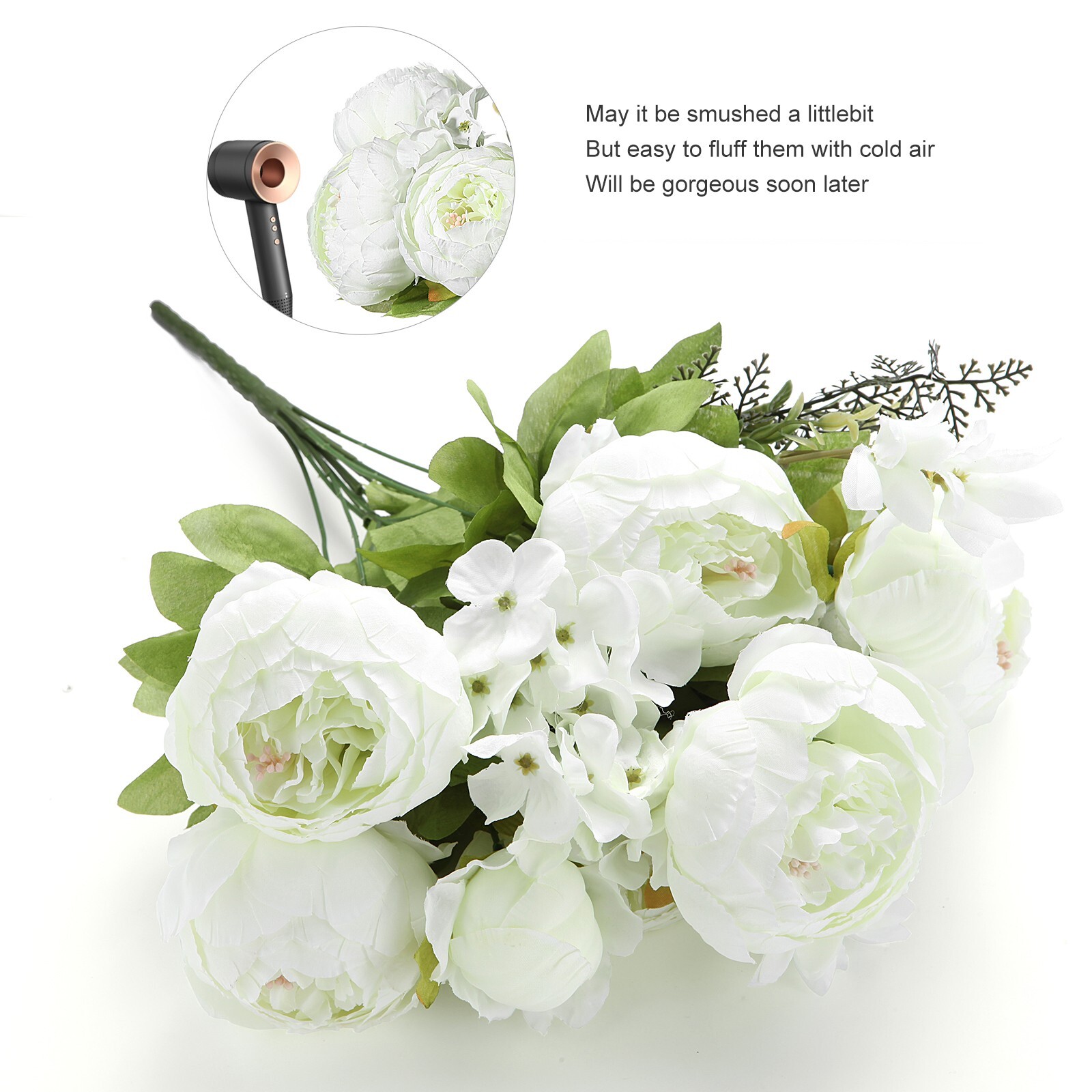 EZFLOWERY Artificial Peony Silk Flowers Arrangement Bouquet for Wedding – White