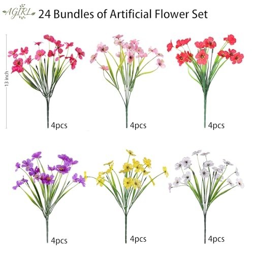 24 Bundles Artificial Flowers UV Resistant Fade Proof Fake Plastic Outdoor Decor