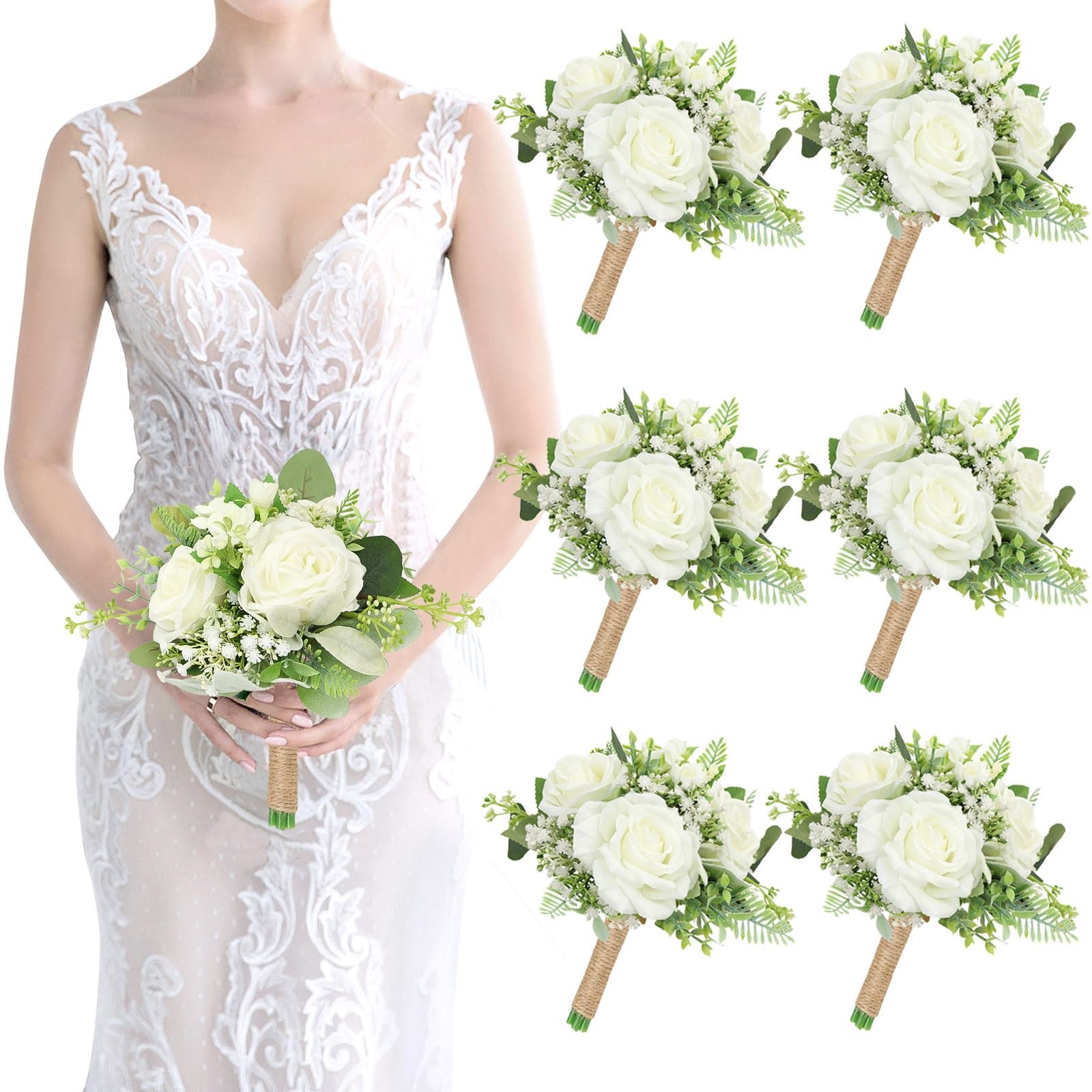Bridesmaids Bouquets Set of 6 Ivory White Artificial Flowers 7 Inch Bridesmai…