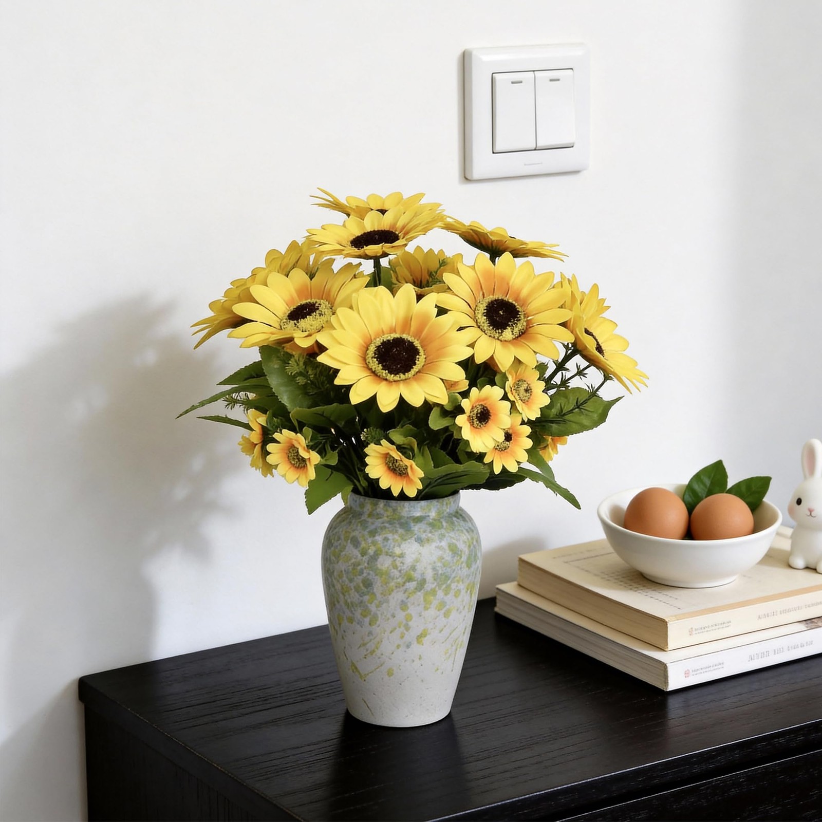 14″ Artificial Sunflowers Arrangement in Green & Blue Speckled Ceramic Vase â€“