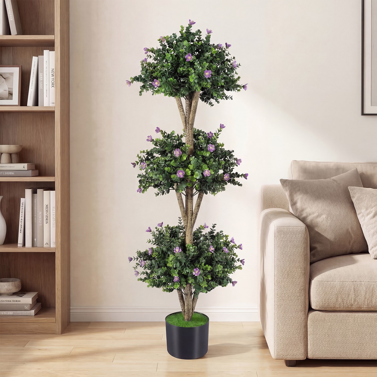 51” Artificial Triple Ball Boxwood Topiary Tree with 59 Blossoms for Porch Home
