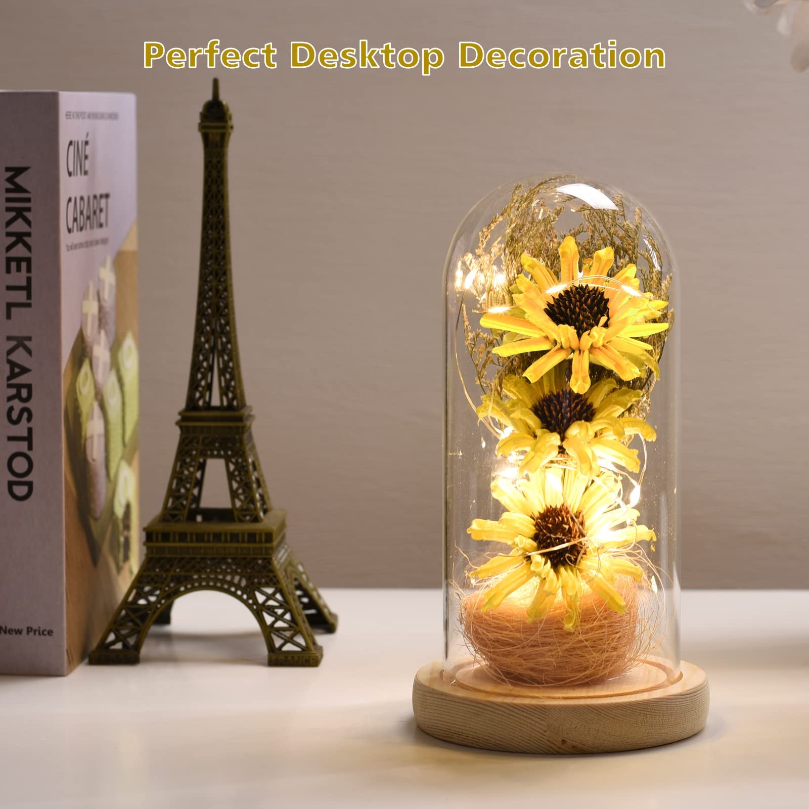 Sunflower Gifts For Women Artificial Sunflowers In Glass Dome With Led Strip 1ps