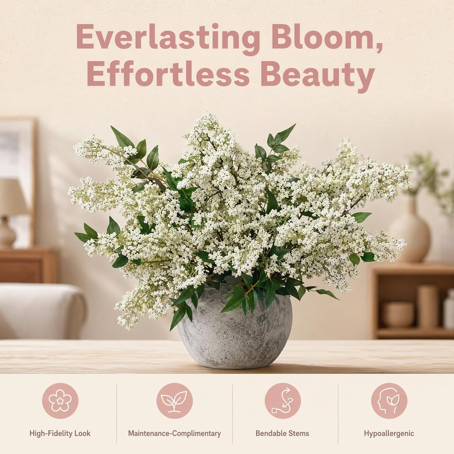 Realistic White Berry Stems for Tall Vases – 3 PCS Faux Floral Decor