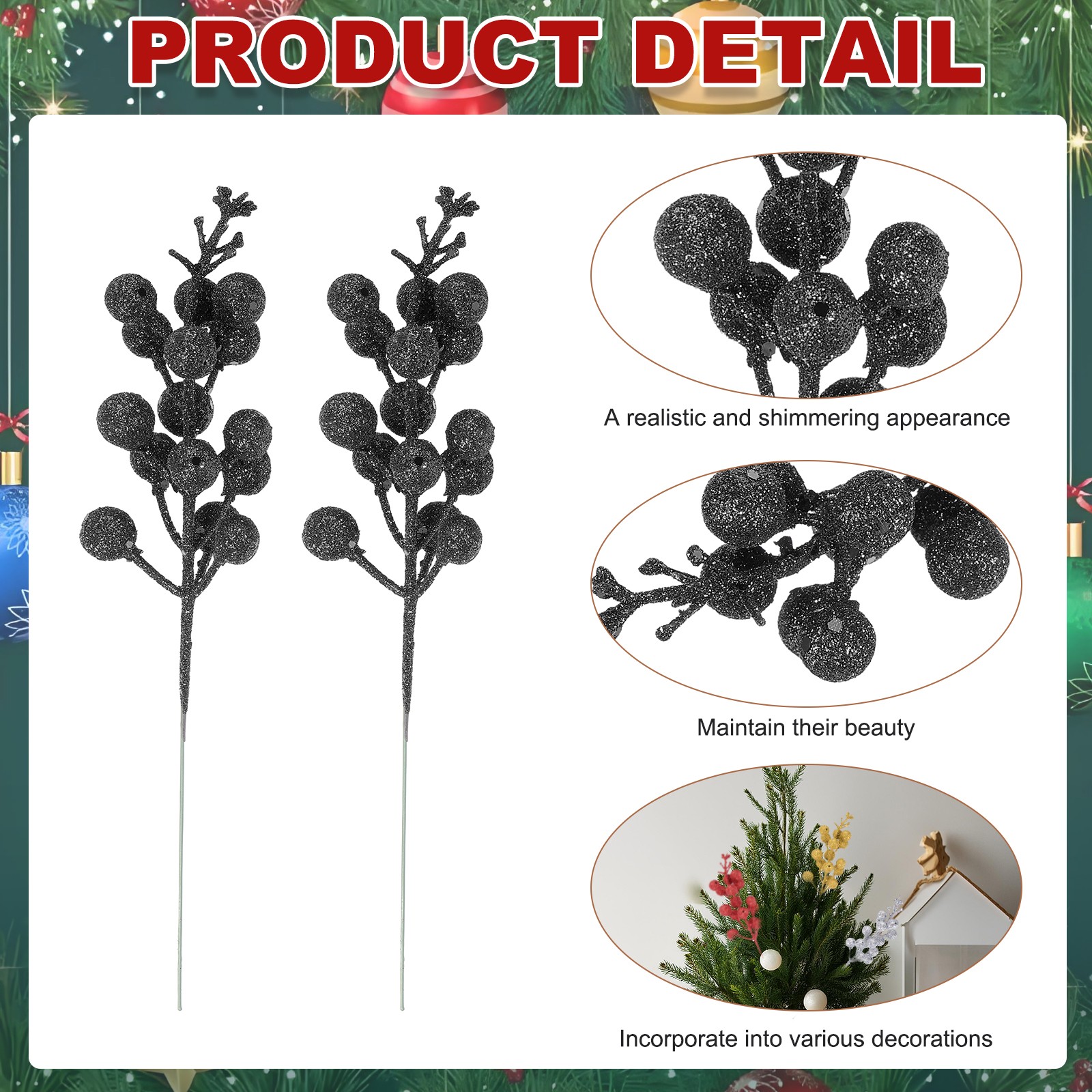15Pcs Christmas Glittered Berries Stems(Black)