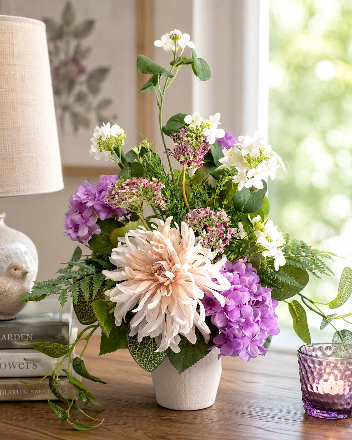 Handmade Purple & White Floral Arrangement, Cottagecore Table Decor