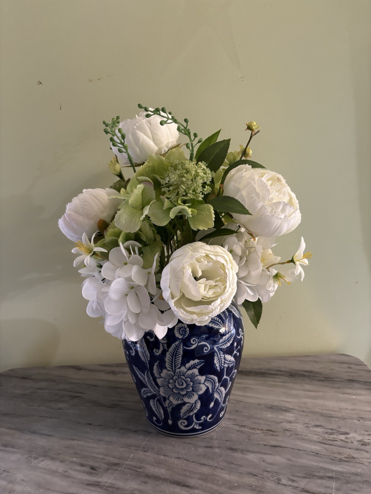 White Peonies Silk Flowers In Cobalt Blue Vase Decor Stands Approx 17” Tall
