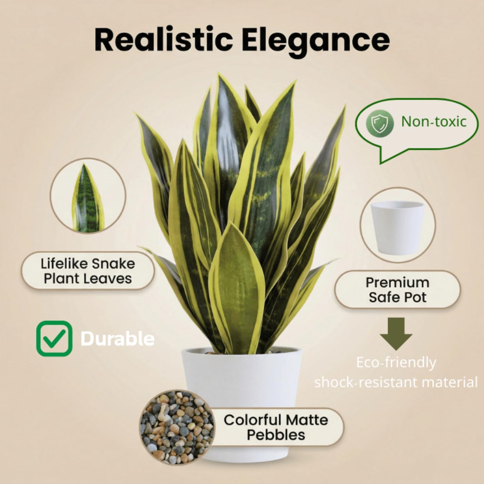 Artificial Snake Plants White Pot 15.5 Inch Sansevieria Green Yellow1 Decor