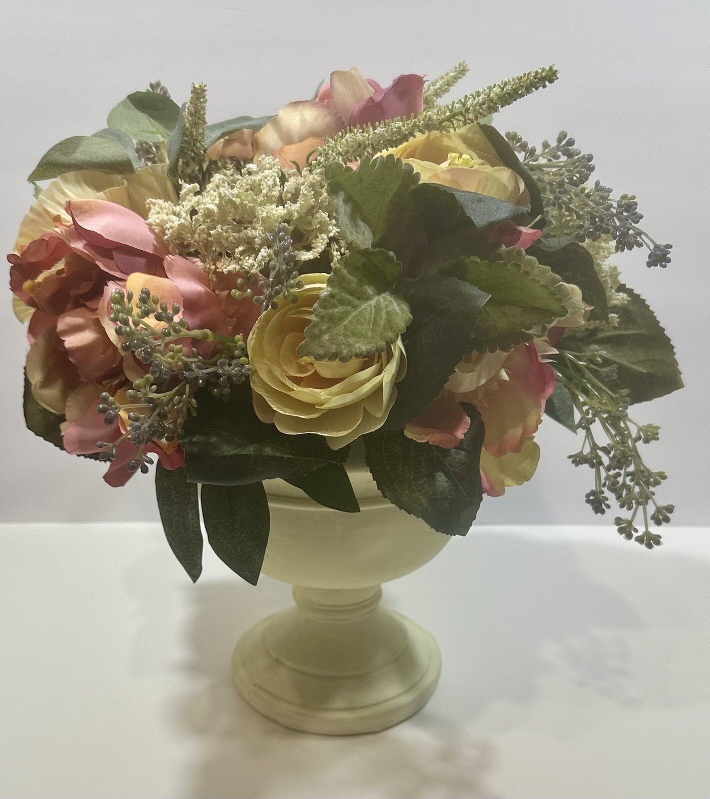 Artificial Spring Floral Bouquet in Stone Urn 14″ Faux Silk Centerpiece