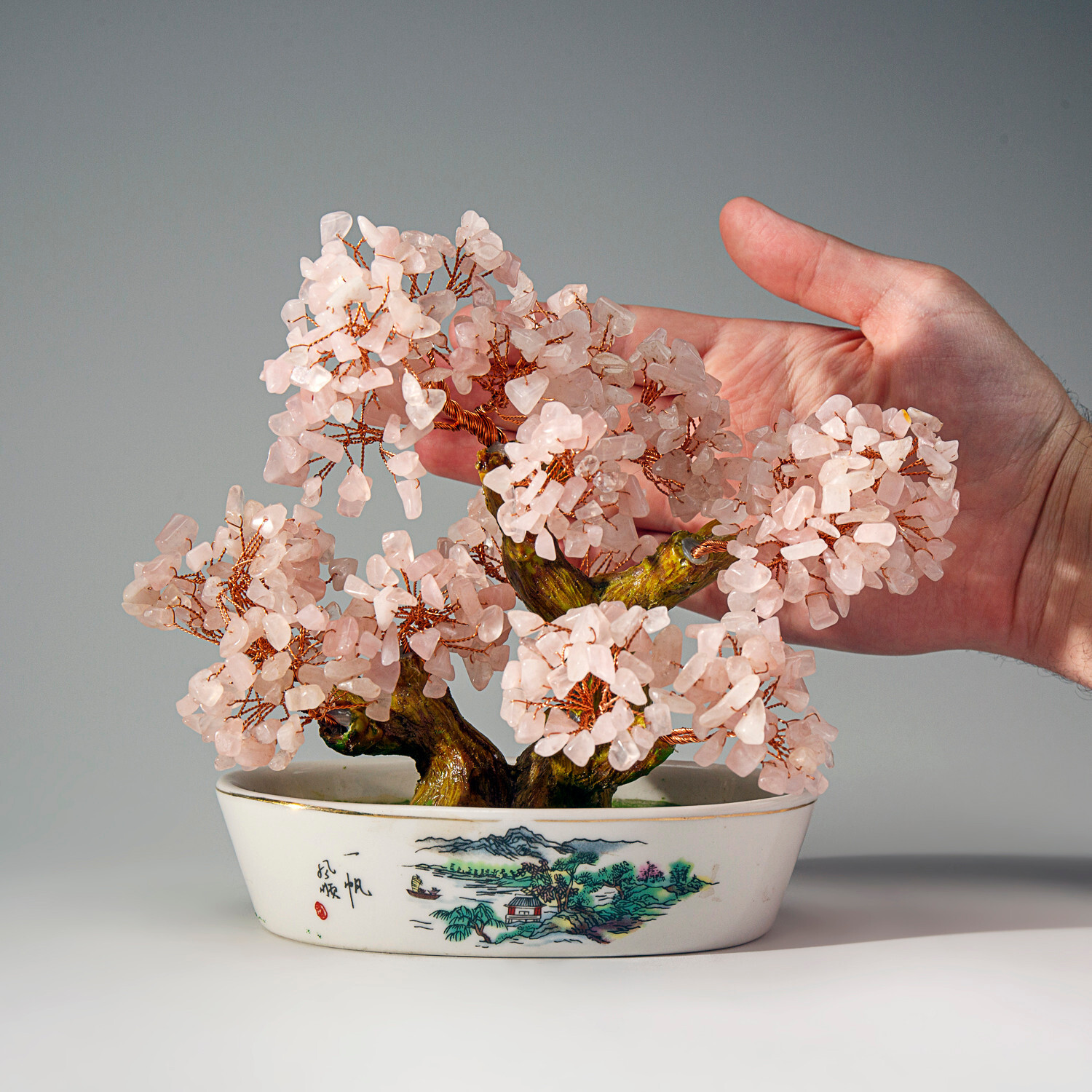 Genuine Rose Quartz Gemstone Bonsai Tree in Oval Ceramic Pot (7”)
