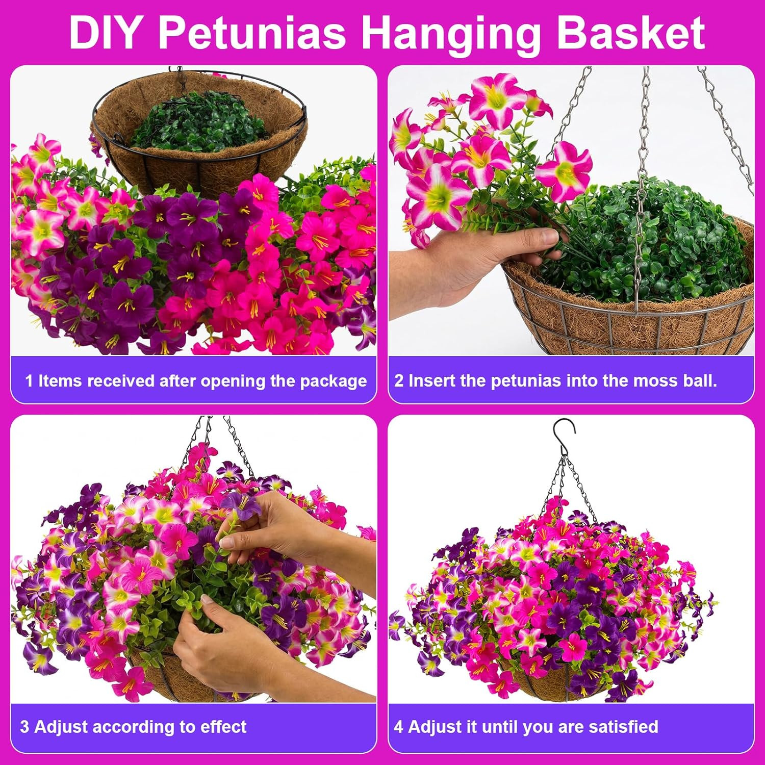 2 Set Artificial Outdoor Petunias Flowers with Hanging Baskets, 24 Pcs UV Resist