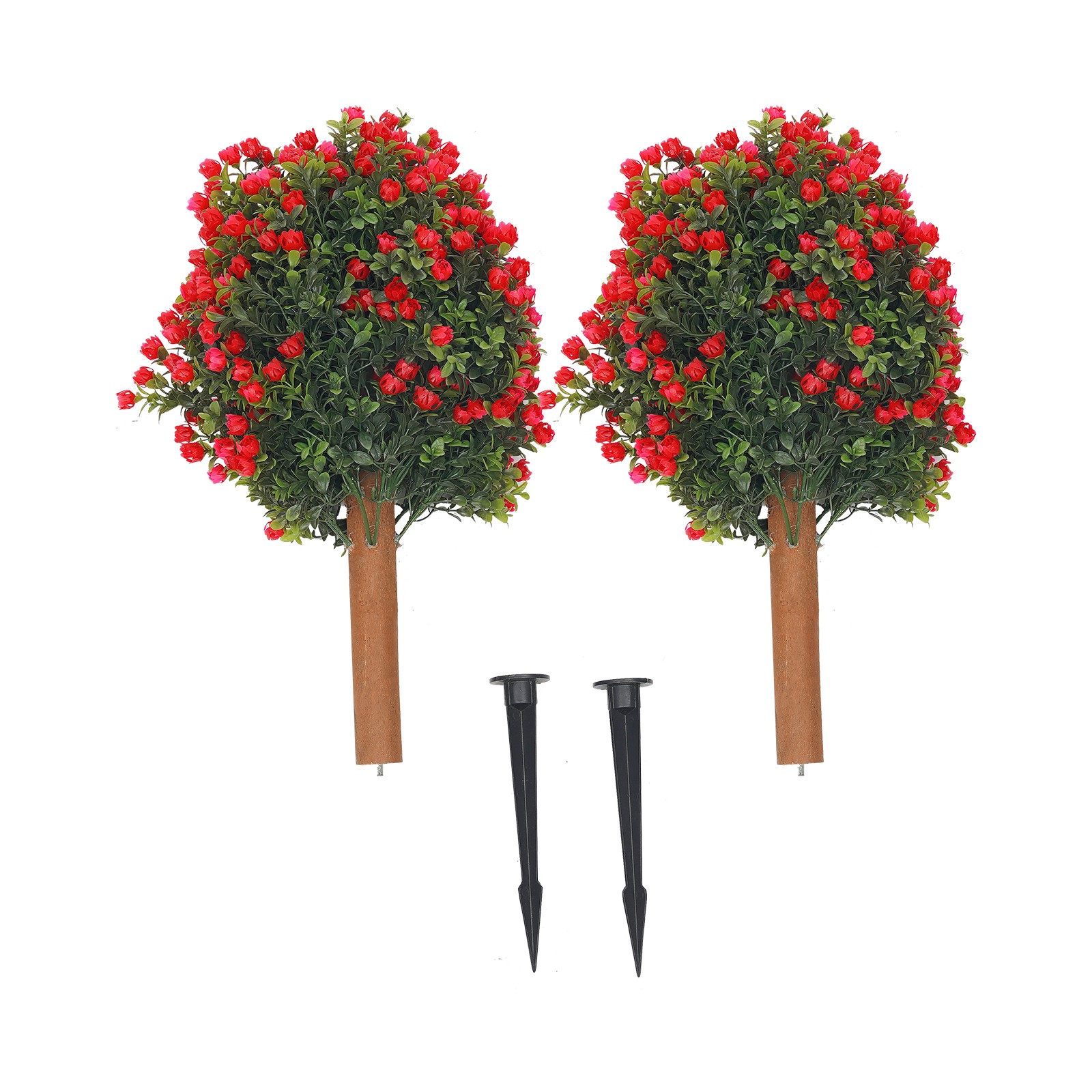 2* Artificial Boxwood Topiary Ball Trees Set with Red Flowers for Indoor/Outdoor