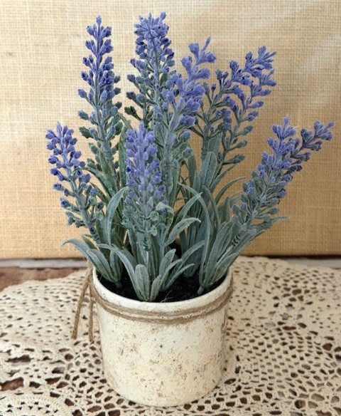 SMALL 8 1/2″ ARTIFICIAL PURPLE LAVENDER FLOWERS IN TEXTURED LITTLE POT W/ LABELS