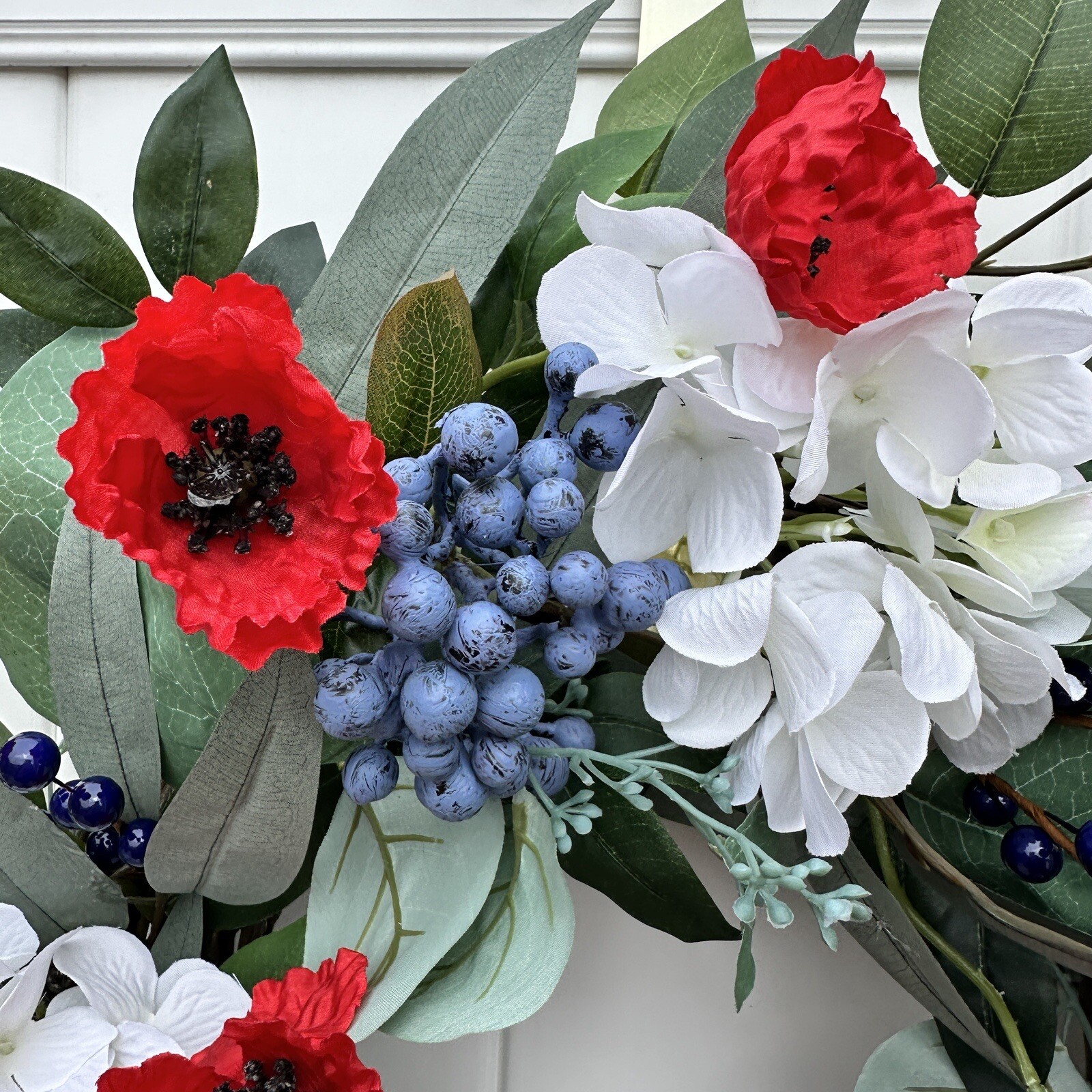 Hydrangea, Red Poppy, Blueberry,and Ficus 22” Wreath