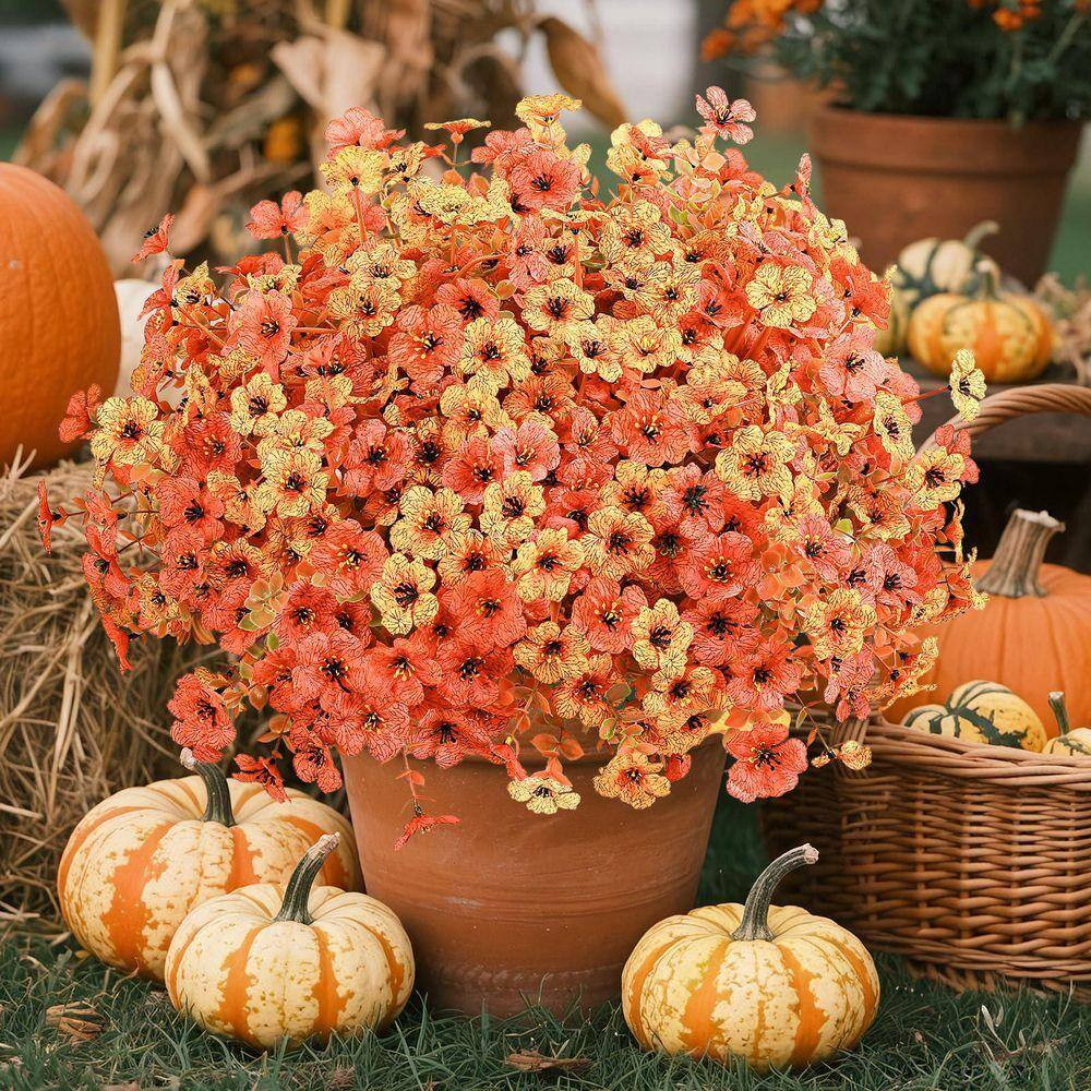 12.6 In. H Orange and Red Artificial Fall Mums Flowers with Faux Eucalyptus for