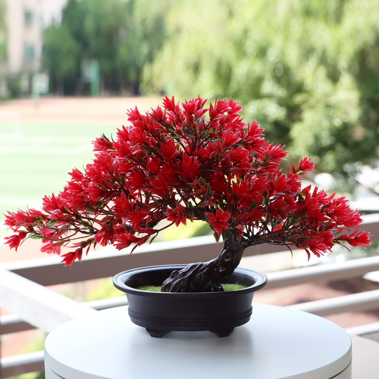 Small Fake Plants Desk Decor Artificial Bonsai with Pot, 9.5″ Tall, Red
