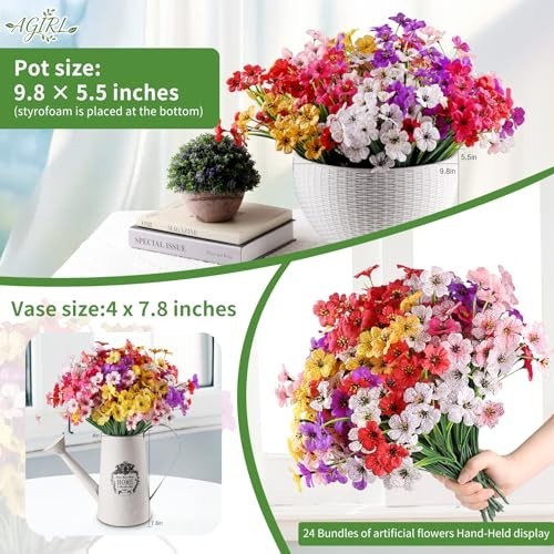 24 Bundles Artificial Flowers UV Resistant Fade Proof Fake Plastic Outdoor Decor