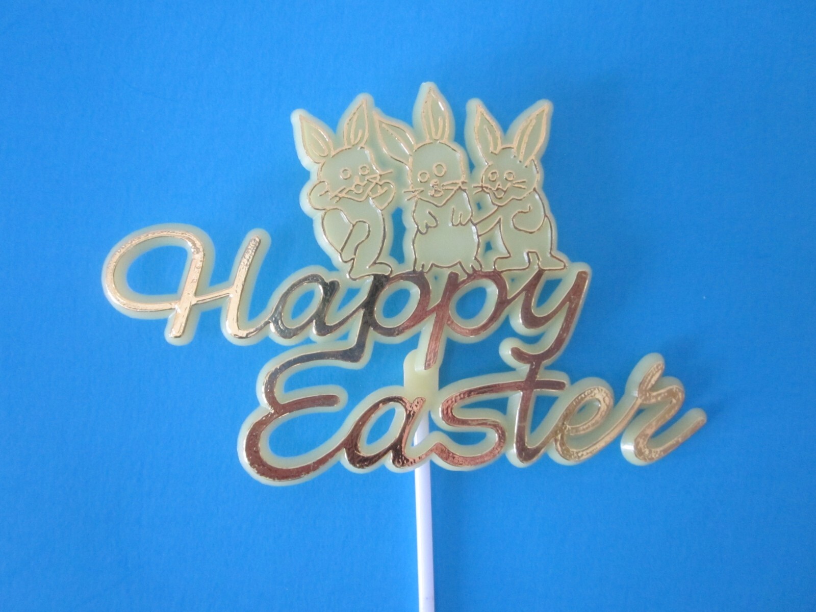 VTG NOS 3 pc HAPPY EASTER Yellow & White Rabbits Eggs Floral Picks Crafts KITSCH