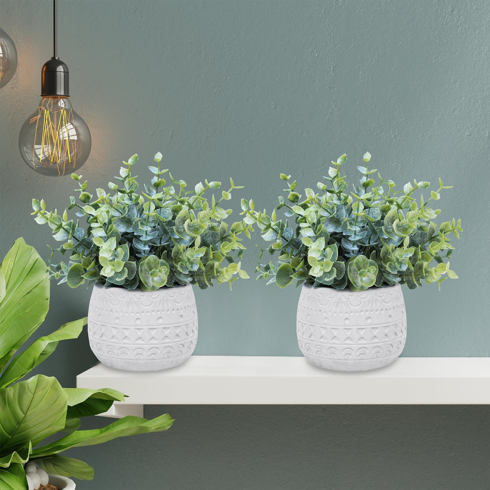 Set of 2 Small Artificial Potted Plants Faux Eucalyptus Plant in White Geomet…