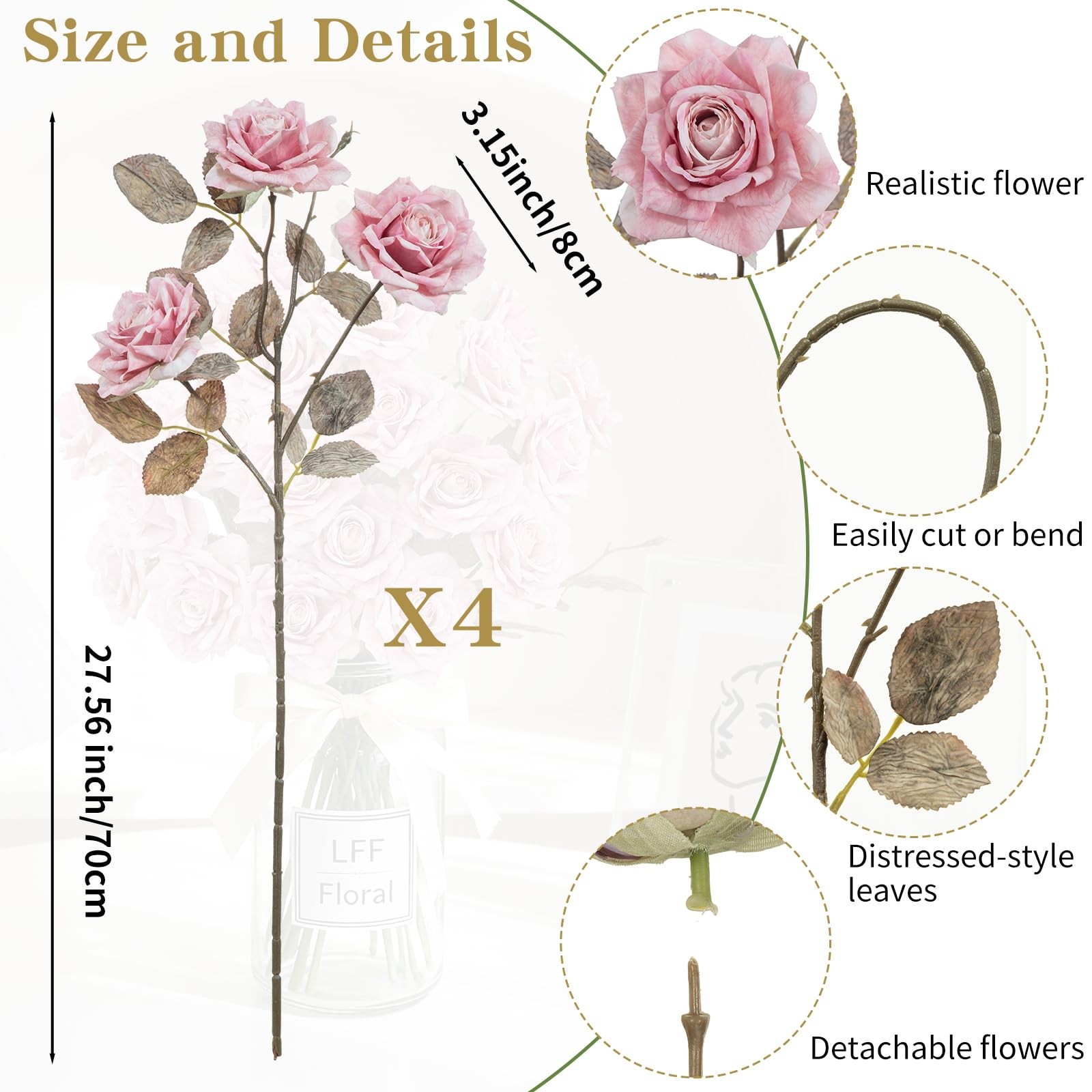 12 Blooms Pink Roses Artificial Flowers, 4Pcs Vintage Faux Roses with 27.5” L…