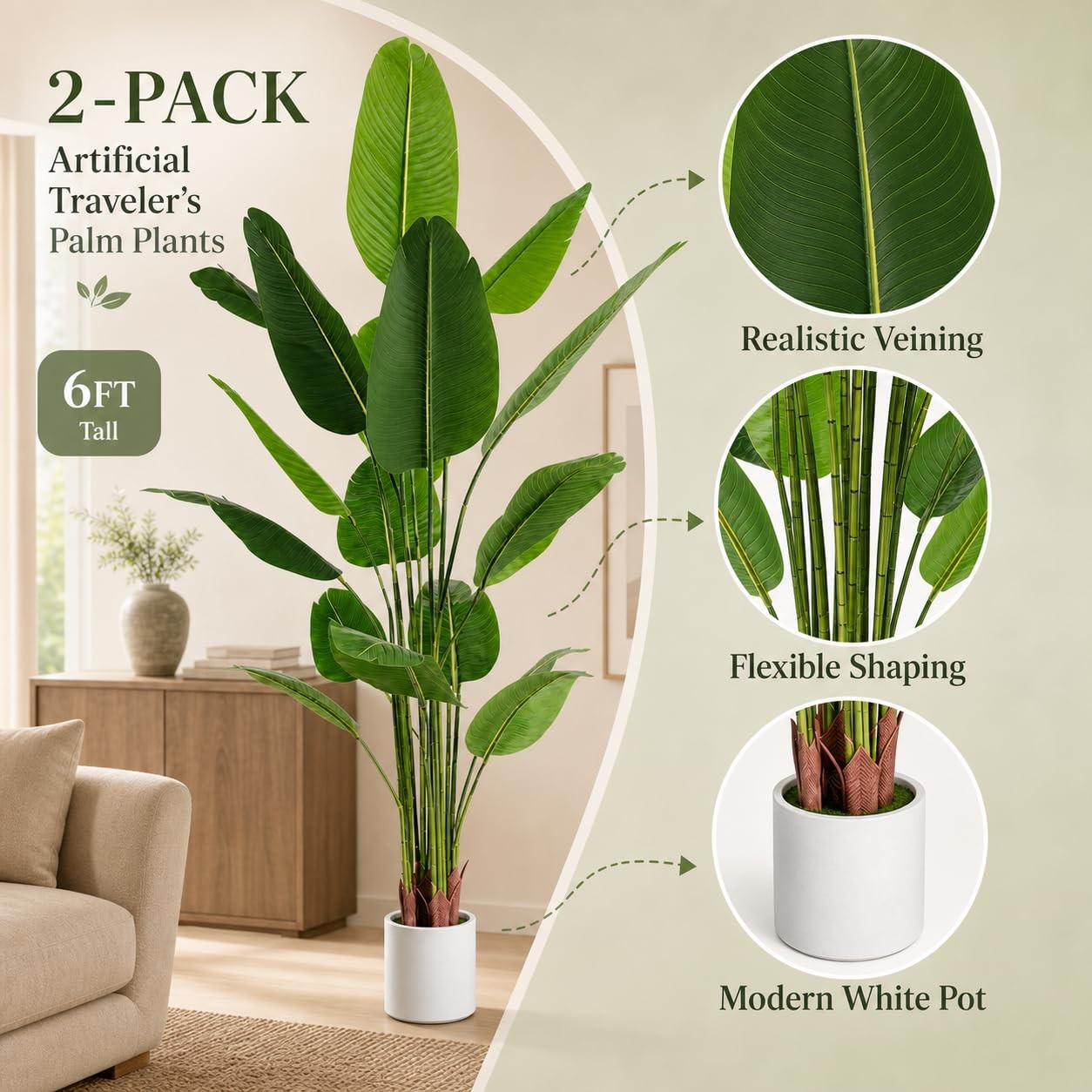 Bird of Paradise Artificial Plant 6 ft Tall Faux Banana Leaf Tree, 2 Pack