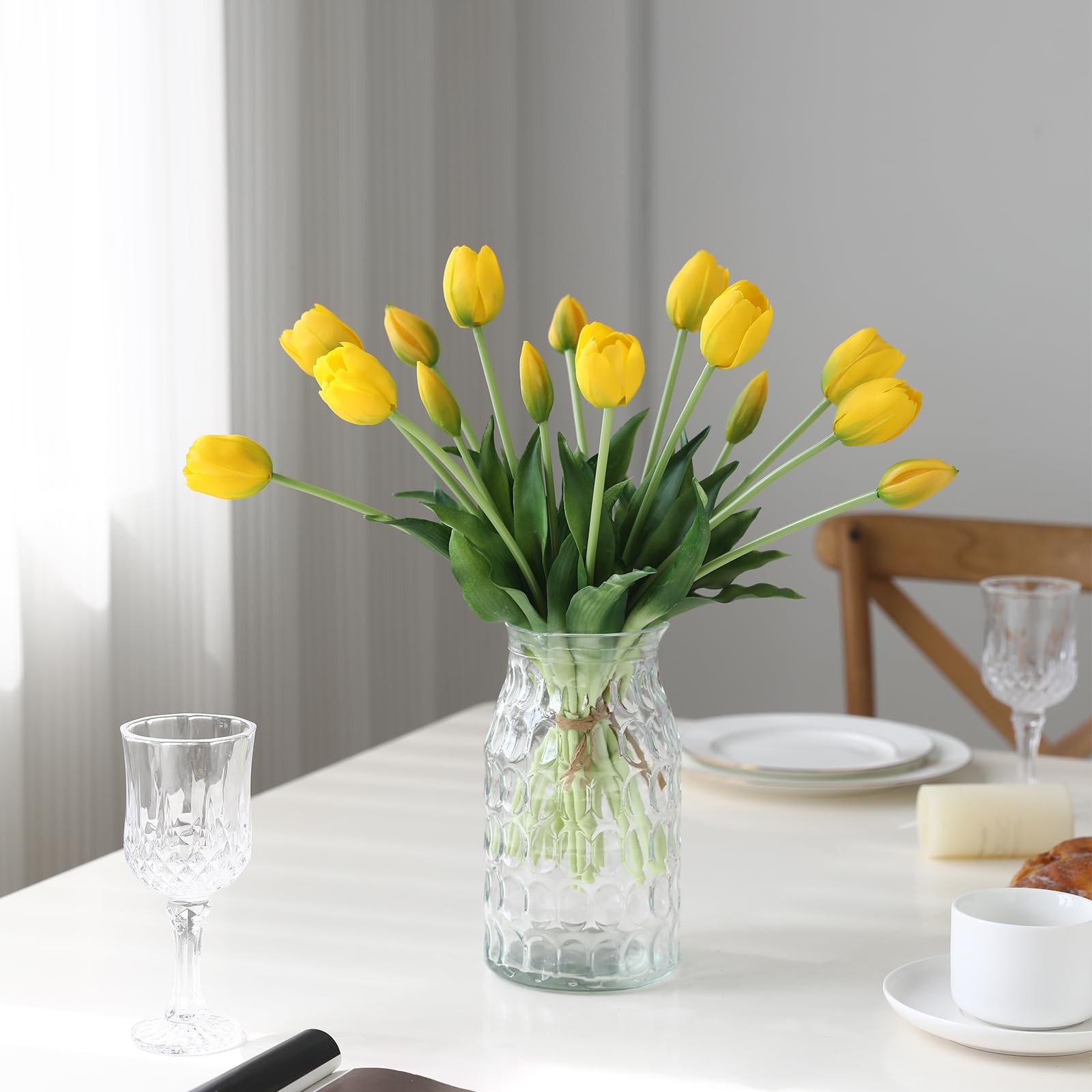 15 PCS Yellow Artificial Tulips Real Touch Latex Soft Faux Bouquets Room Decor