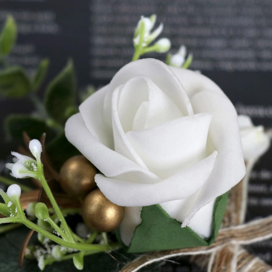 4 PCS Artificial Mens Rose Boutonniere Bridal White Corsage Wedding Prom 8x14cm