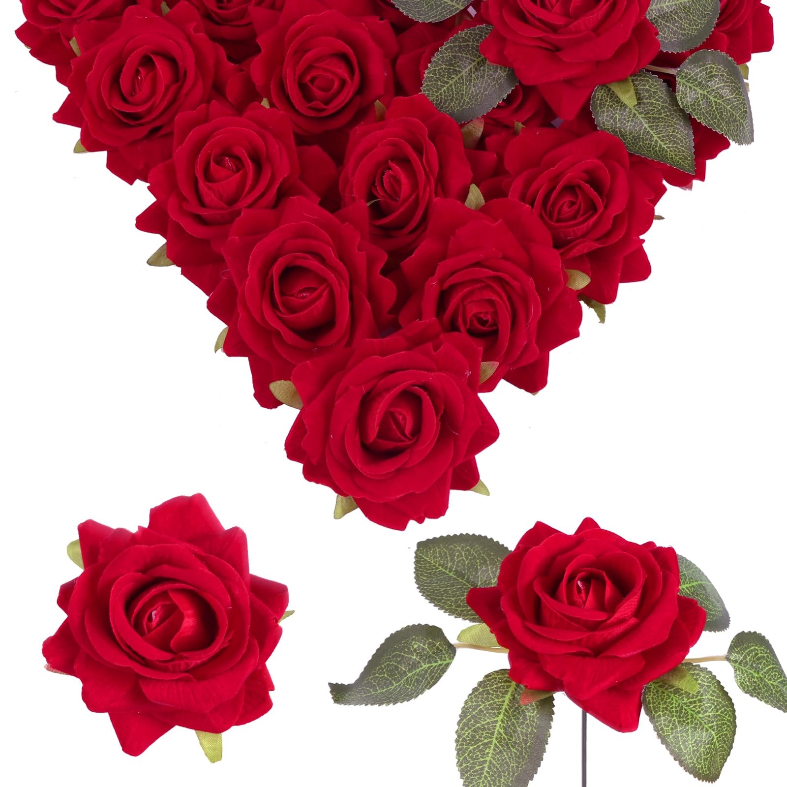 Red Artificial Roses 16pcs Velvet Roses Artificial Flowers 3.15″ Fake Red Ros…