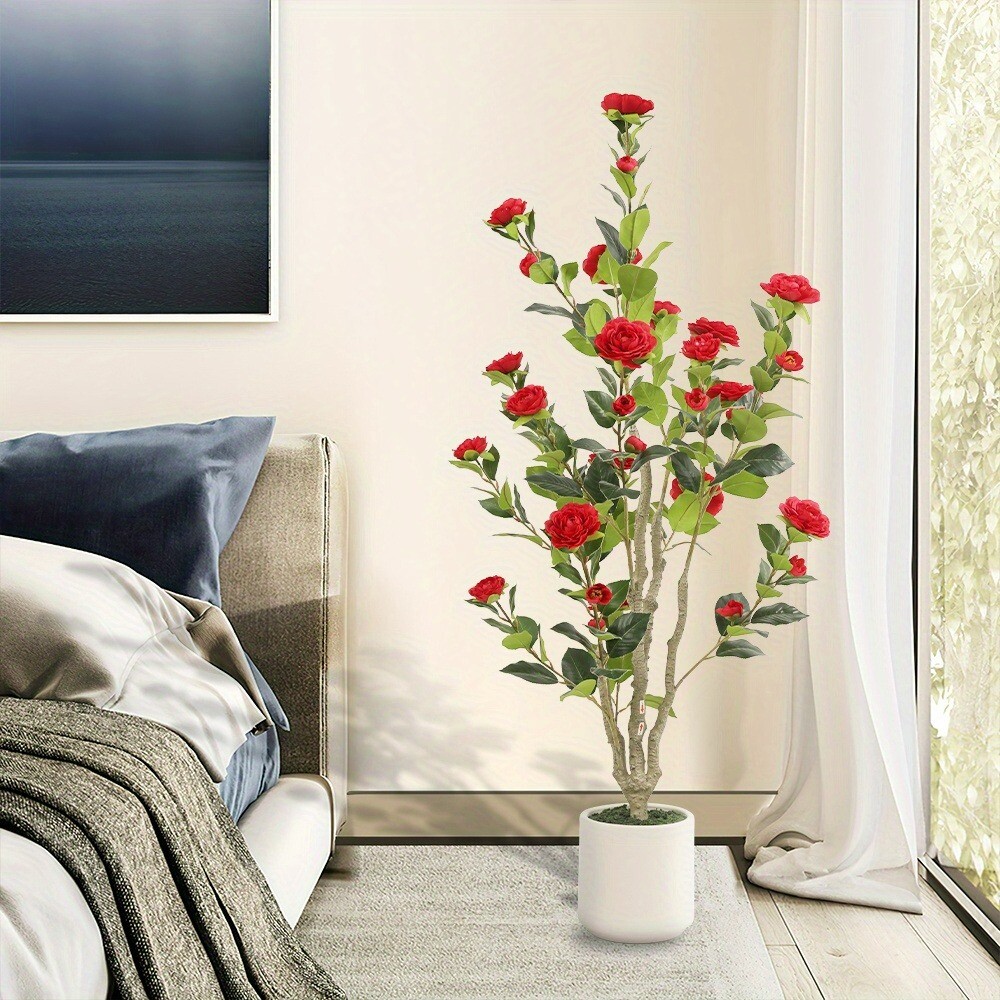 1Pc 4FT Tall Artificial Red Camellia Potted Plant Faux Plant Red Flower Outdoor