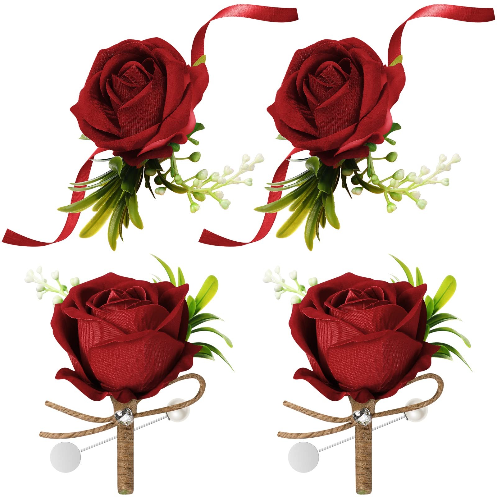 Wedding Party Corsage Boutonniere Set 2 Wristlet 2 Groom Rose Burgundy