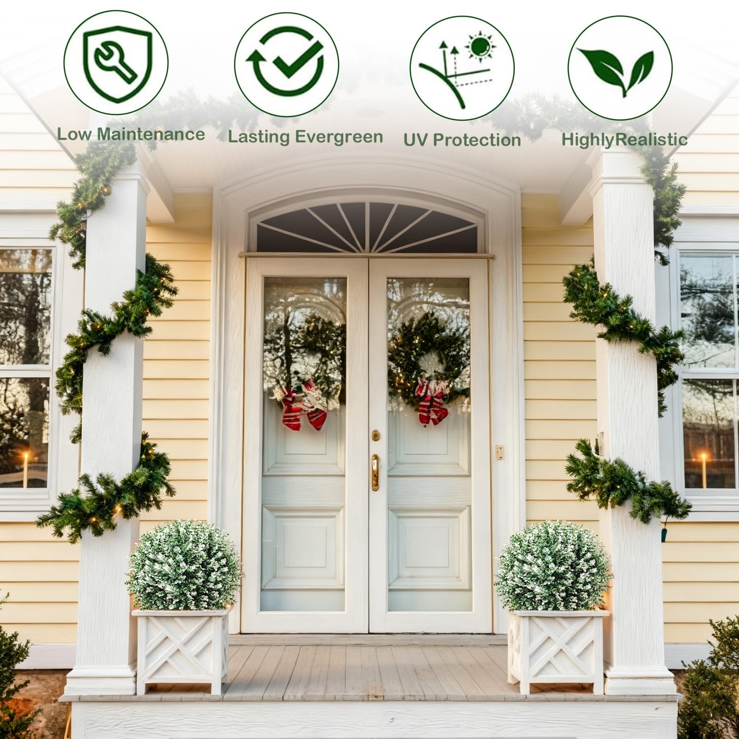 2 Pack 24.5″ Artificial Boxwood Topiary Ball Trees Outdoor, White Faux Bushes…