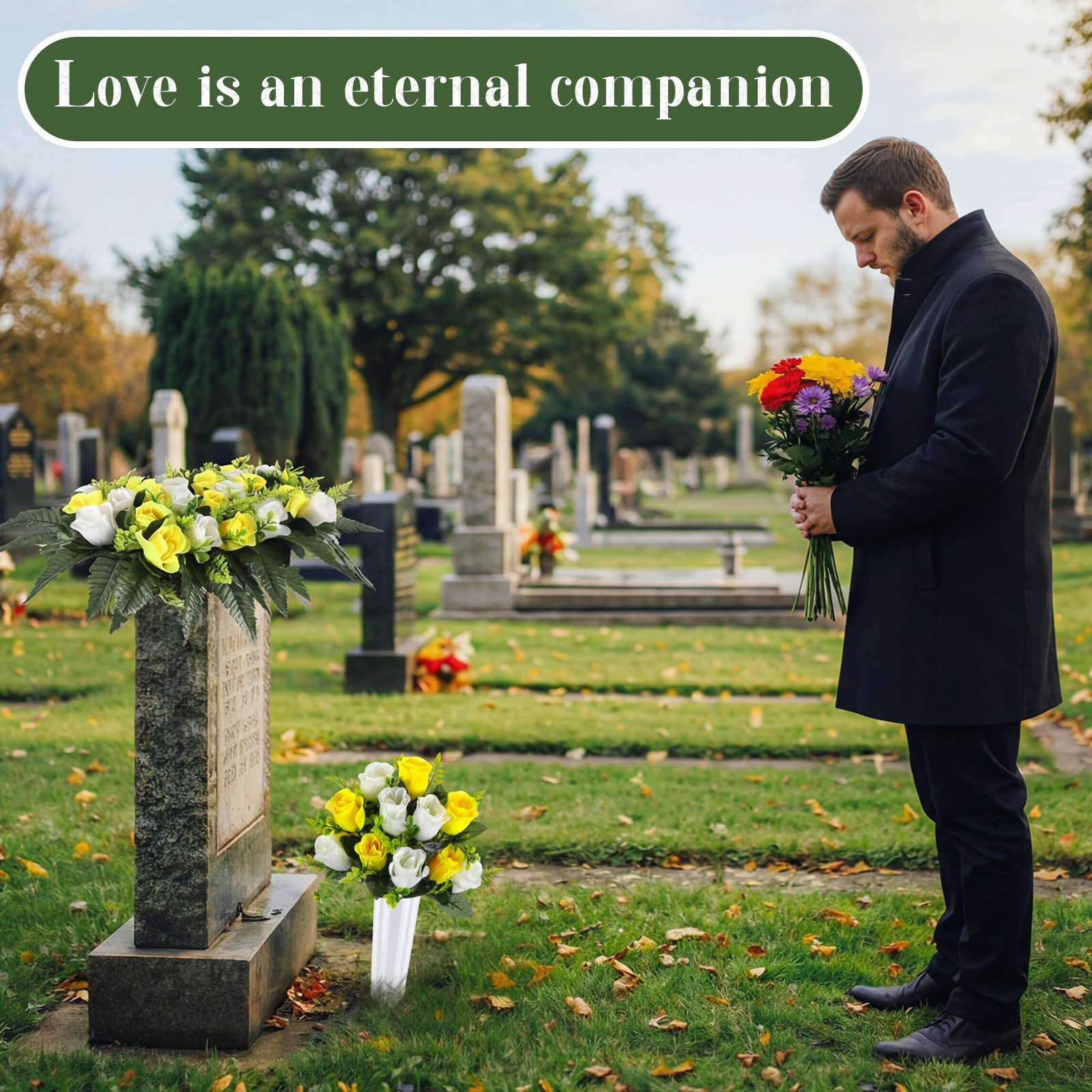3 Pcs Artificial Cemetery Flowers for Grave Set 19.7″x13.8″ 1 Headstone Flowe…