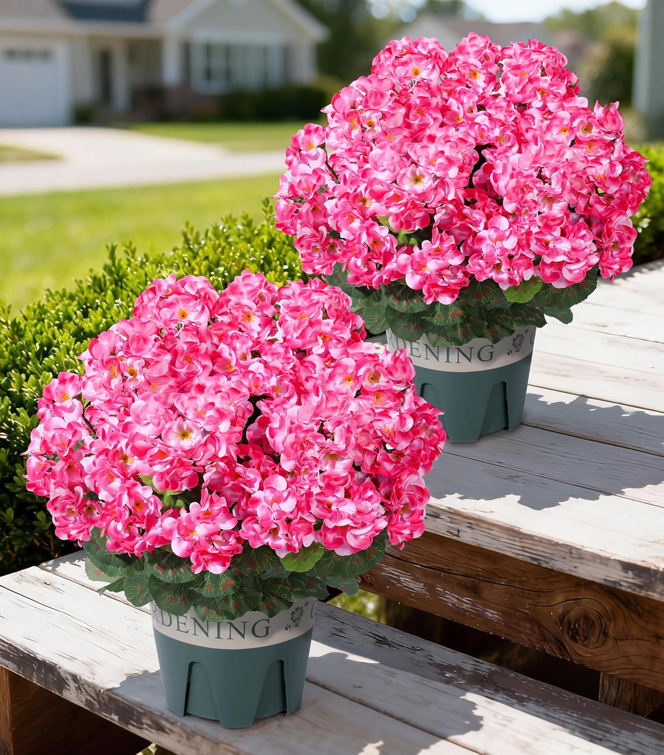 Geraniums Artificial Flowers for Outdoors, 2 Pack Potted Plants Pink Faux Gerani