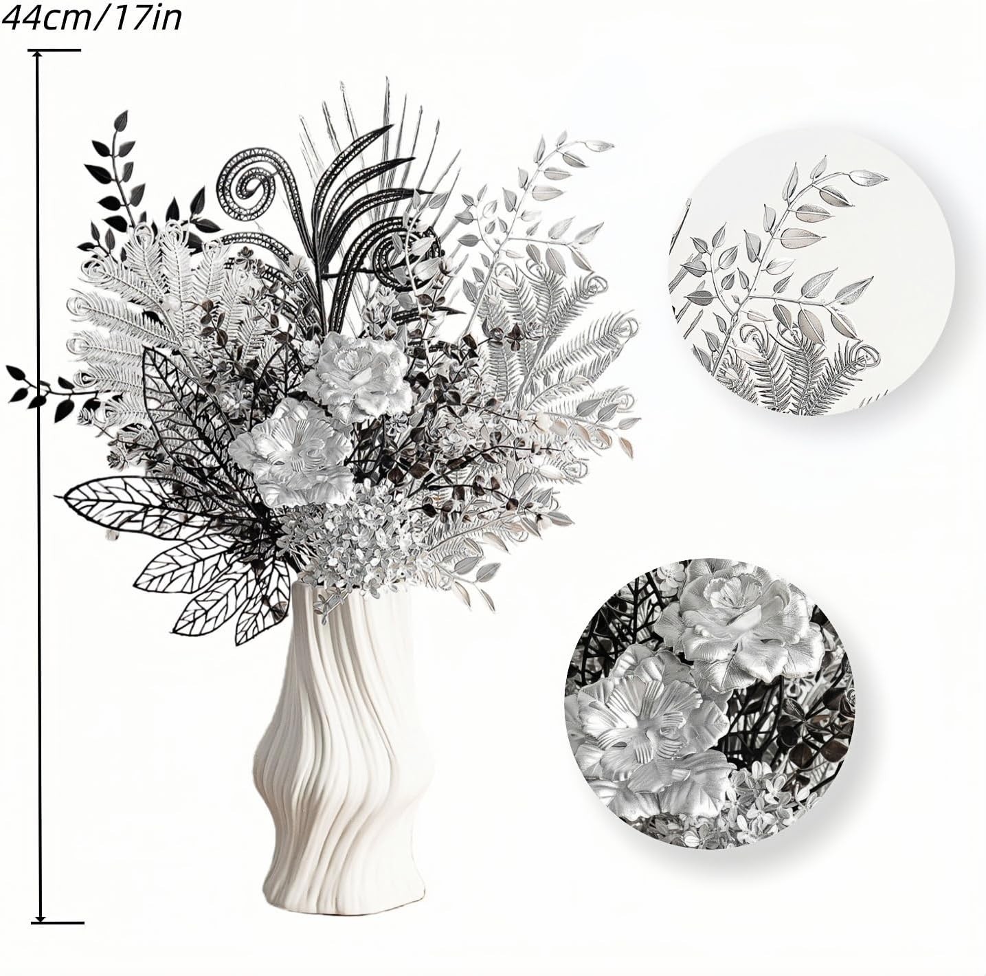 17-Inch Shimmering Black and Silver Artificial Bouquet, Modern Gothic Silk Flowe