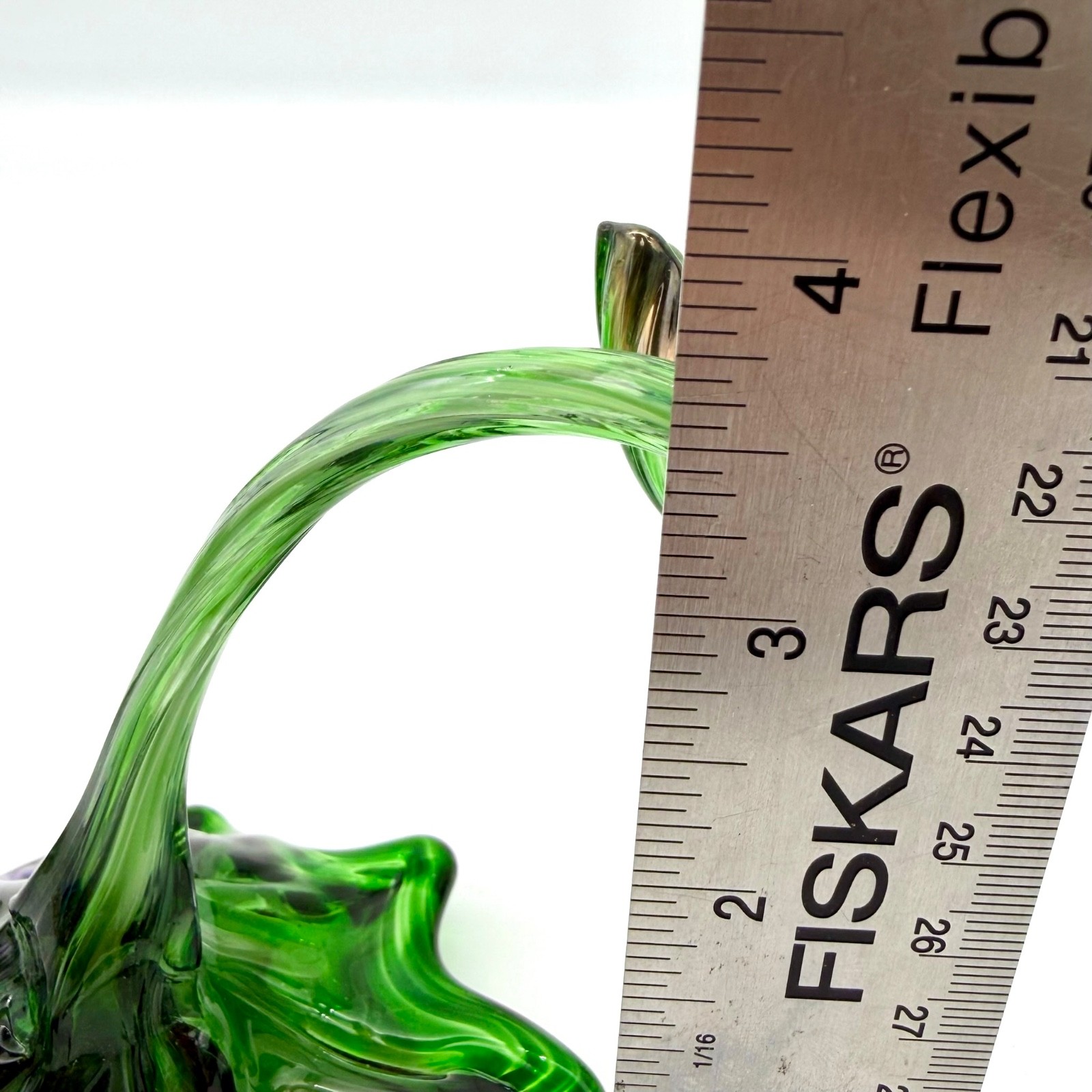 Vtg Hand Blown Art Glass Flowers Murano Style Green Purple Yellow Frit Set 2