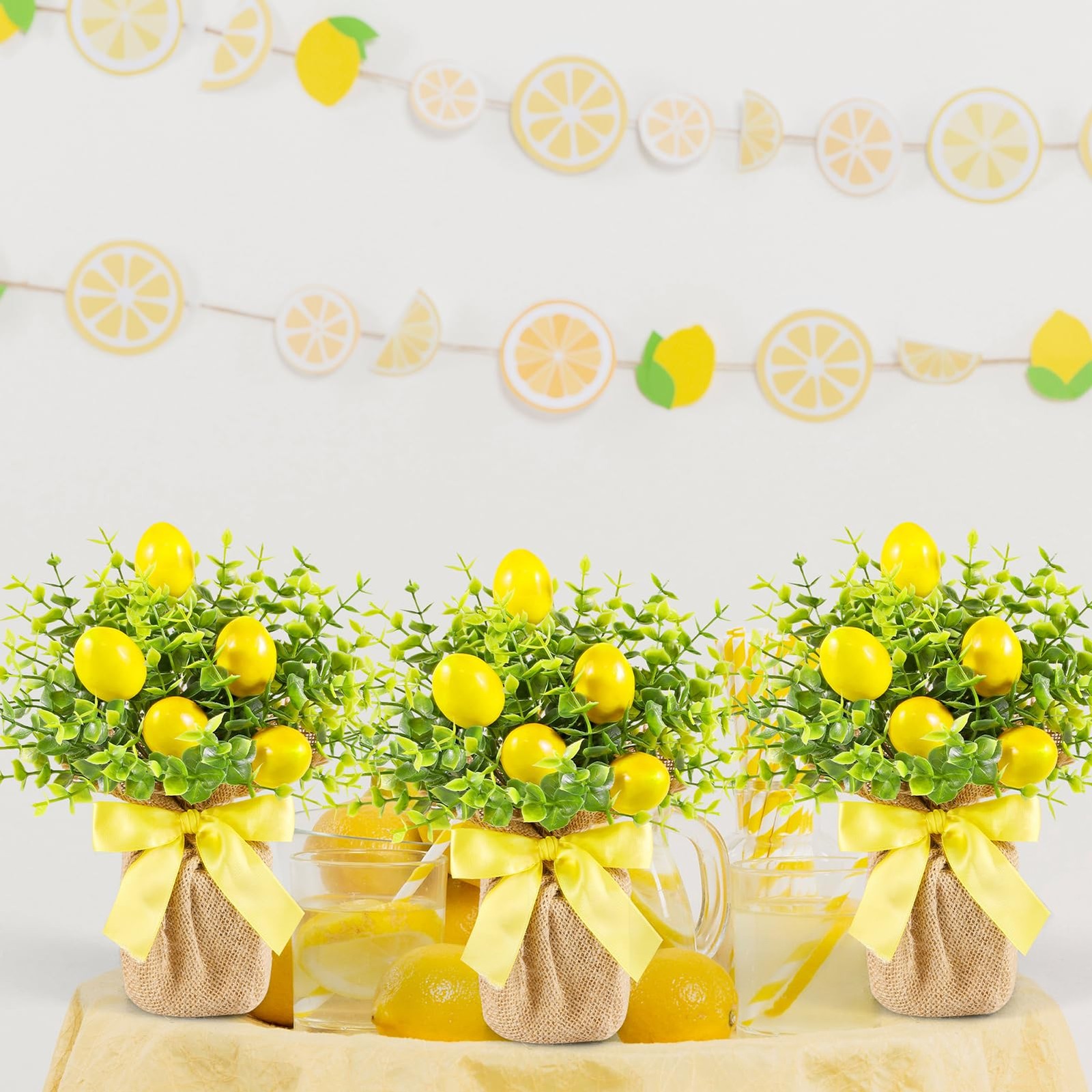 3 Pack Artificial Potted Lemon Flowers Plastic Faux Lemons in Small Burlap Ba…