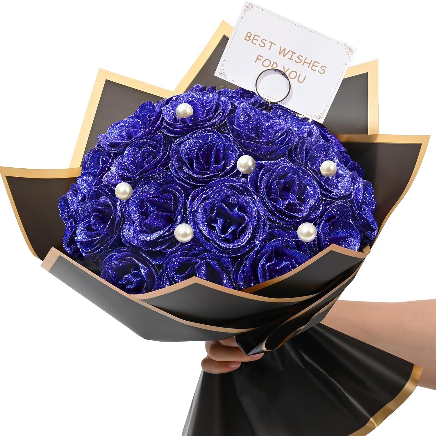 Blue Glitter Roses Bouquet, DIY Fake Flowers Bouquet, Everlasting Shiny Artifici