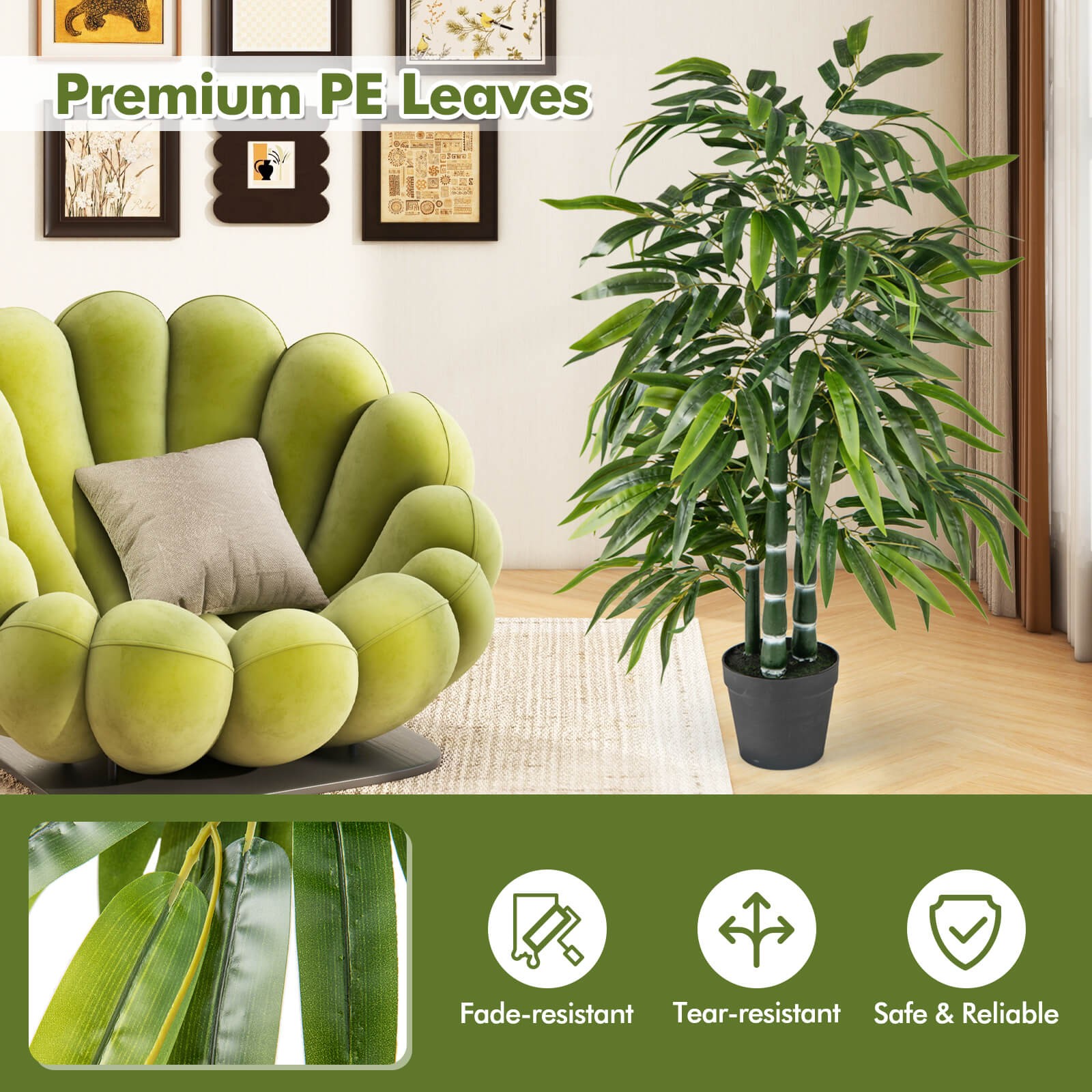 50″ Tall Artificial Potted Tree w/3 PE Bamboo Trunk Flush Leaves Realistic Soil