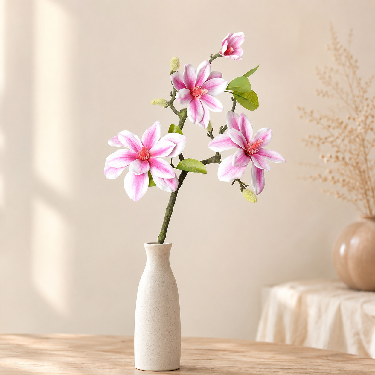 Set of 2 Artificial Magnolia Flower Stems Pink White Faux Floral Branches Home D