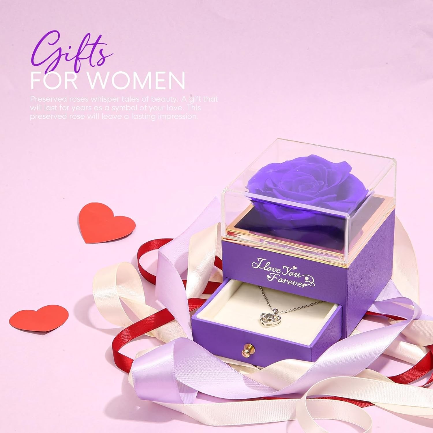 Natural Preserved Purple Rose and Heart Necklace – Perfect for Any Occasion